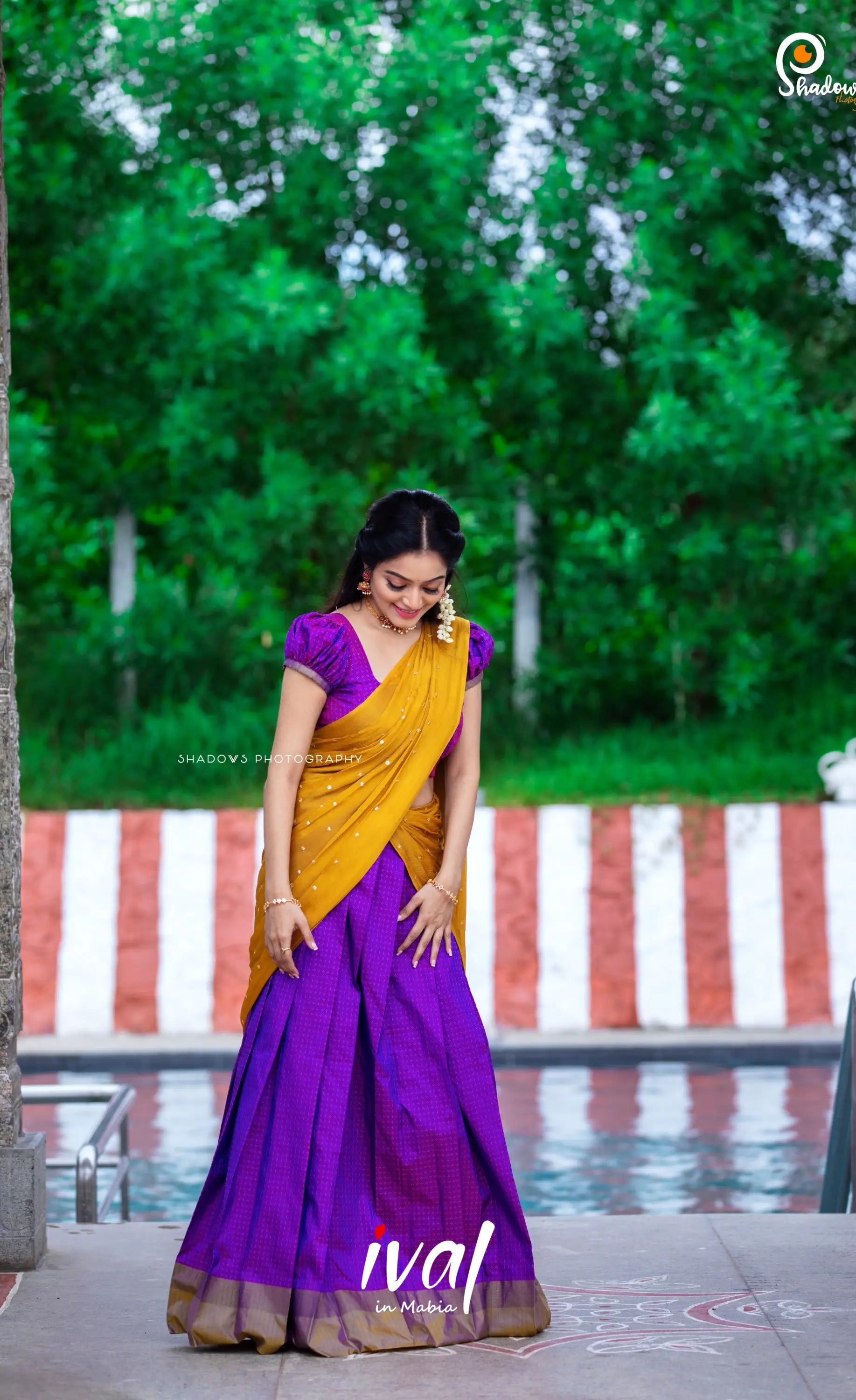 Padmakshi Blended Silk Halfsaree - Two-tone Purple and Mustard Half Sarees