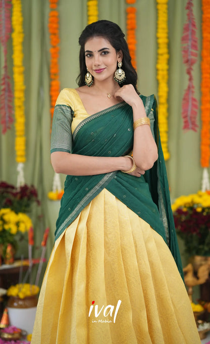 Padmakshi Blended Silk Halfsaree Yellow and Bottle Green Half Sarees