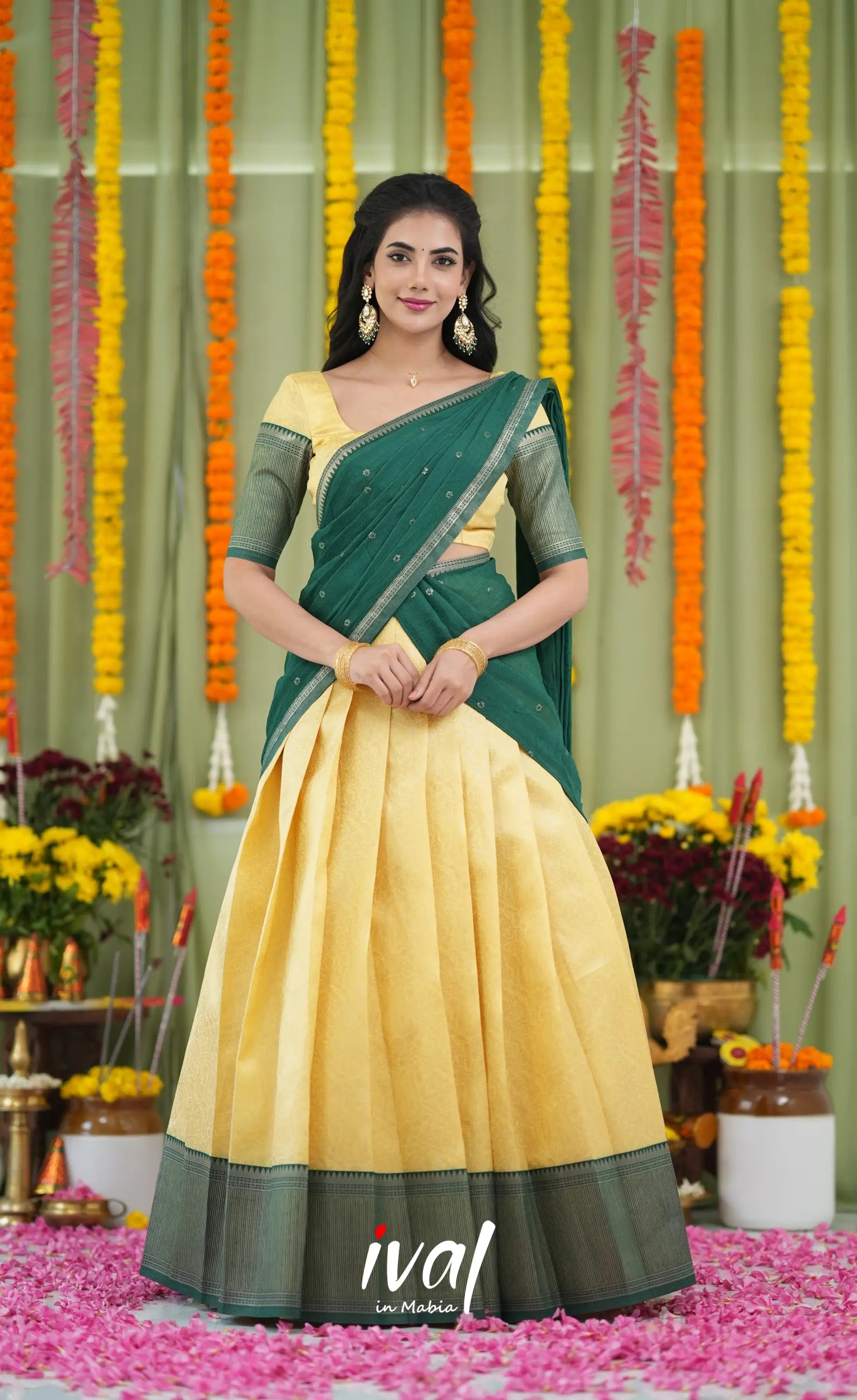 Padmakshi Blended Silk Halfsaree Yellow and Bottle Green Half Sarees