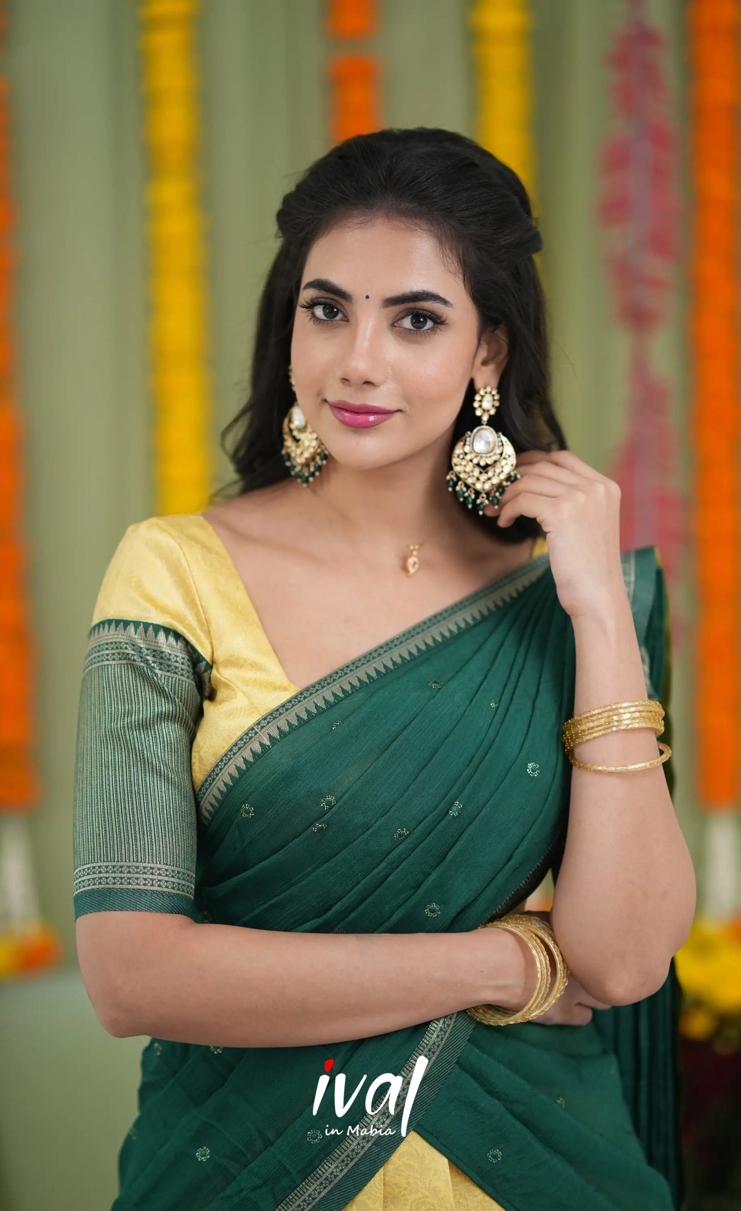 Padmakshi Blended Silk Halfsaree Yellow and Bottle Green Half Sarees