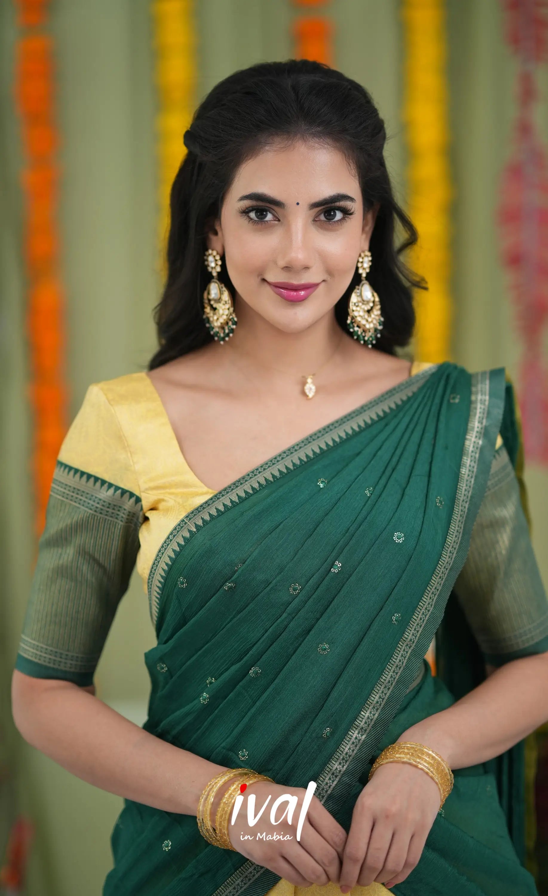 Padmakshi Blended Silk Halfsaree Yellow and Bottle Green Half Sarees