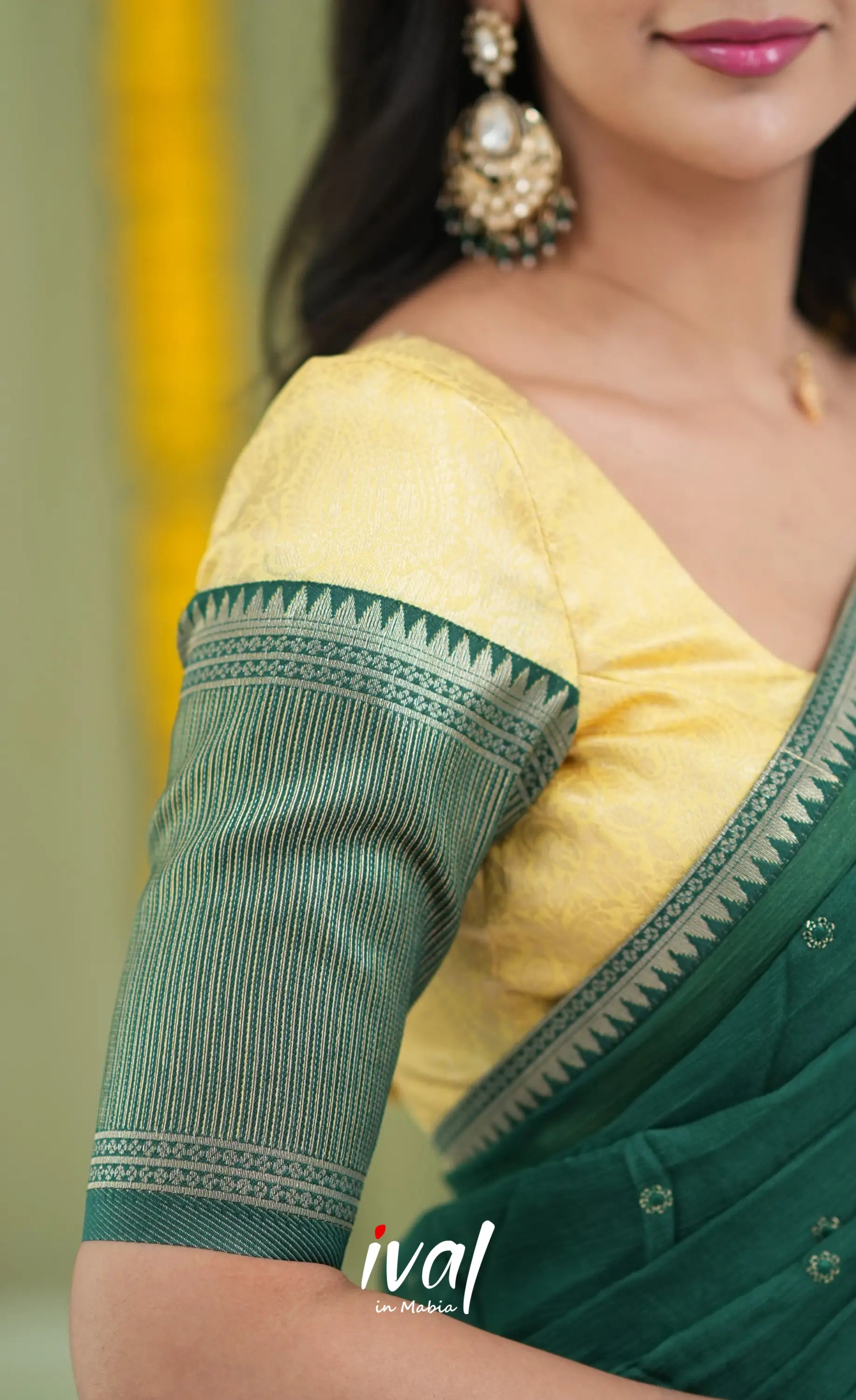 Padmakshi Blended Silk Halfsaree Yellow and Bottle Green Half Sarees