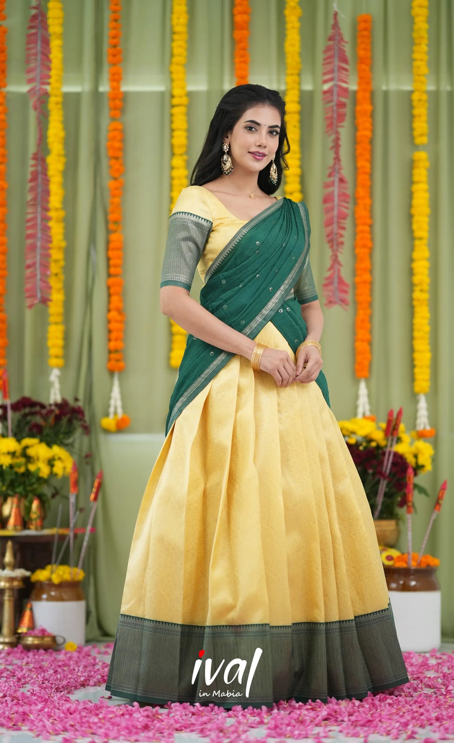 Padmakshi Blended Silk Halfsaree Yellow and Bottle Green Half Sarees