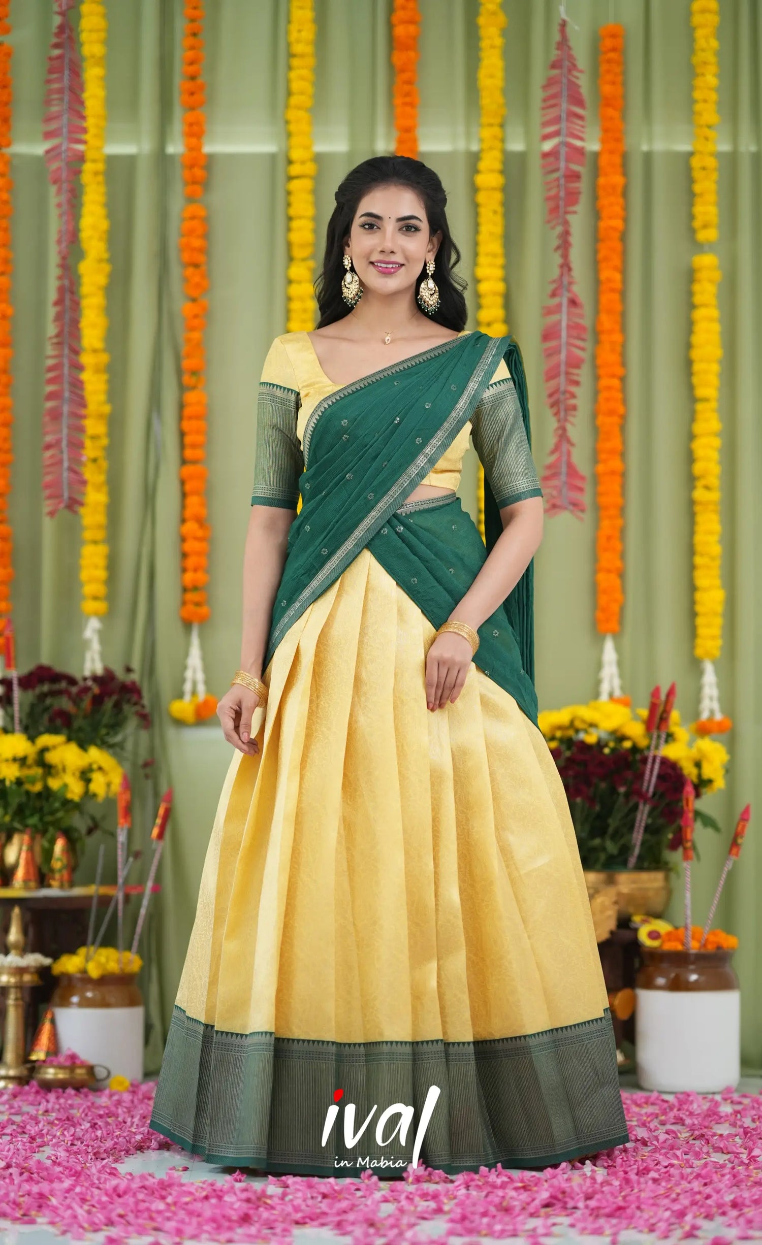 Padmakshi Blended Silk Halfsaree Yellow and Bottle Green Half Sarees