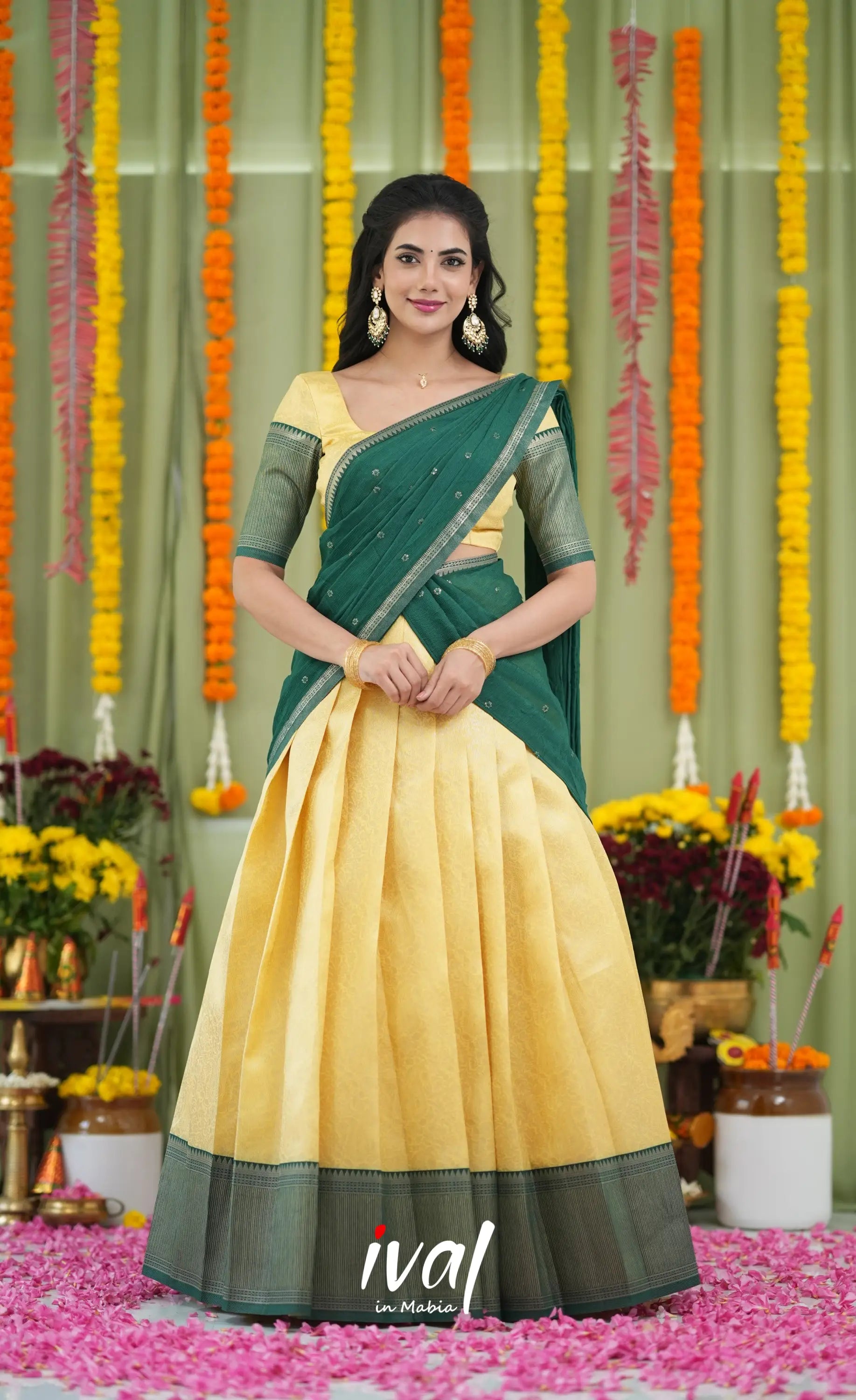 Padmakshi Blended Silk Halfsaree Yellow and Bottle Green Half Sarees