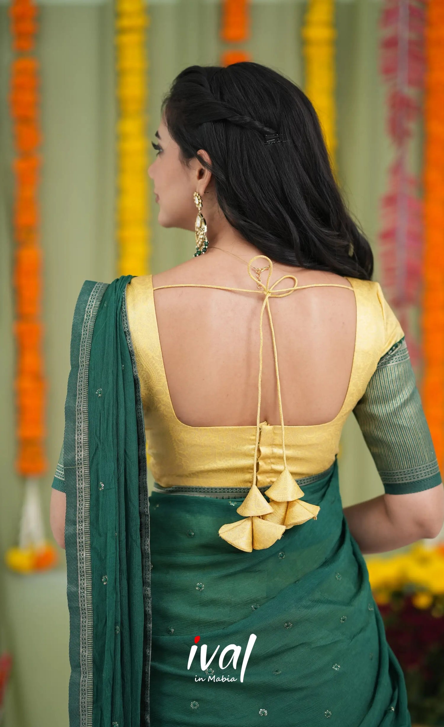 Padmakshi Blended Silk Halfsaree Yellow and Bottle Green Half Sarees