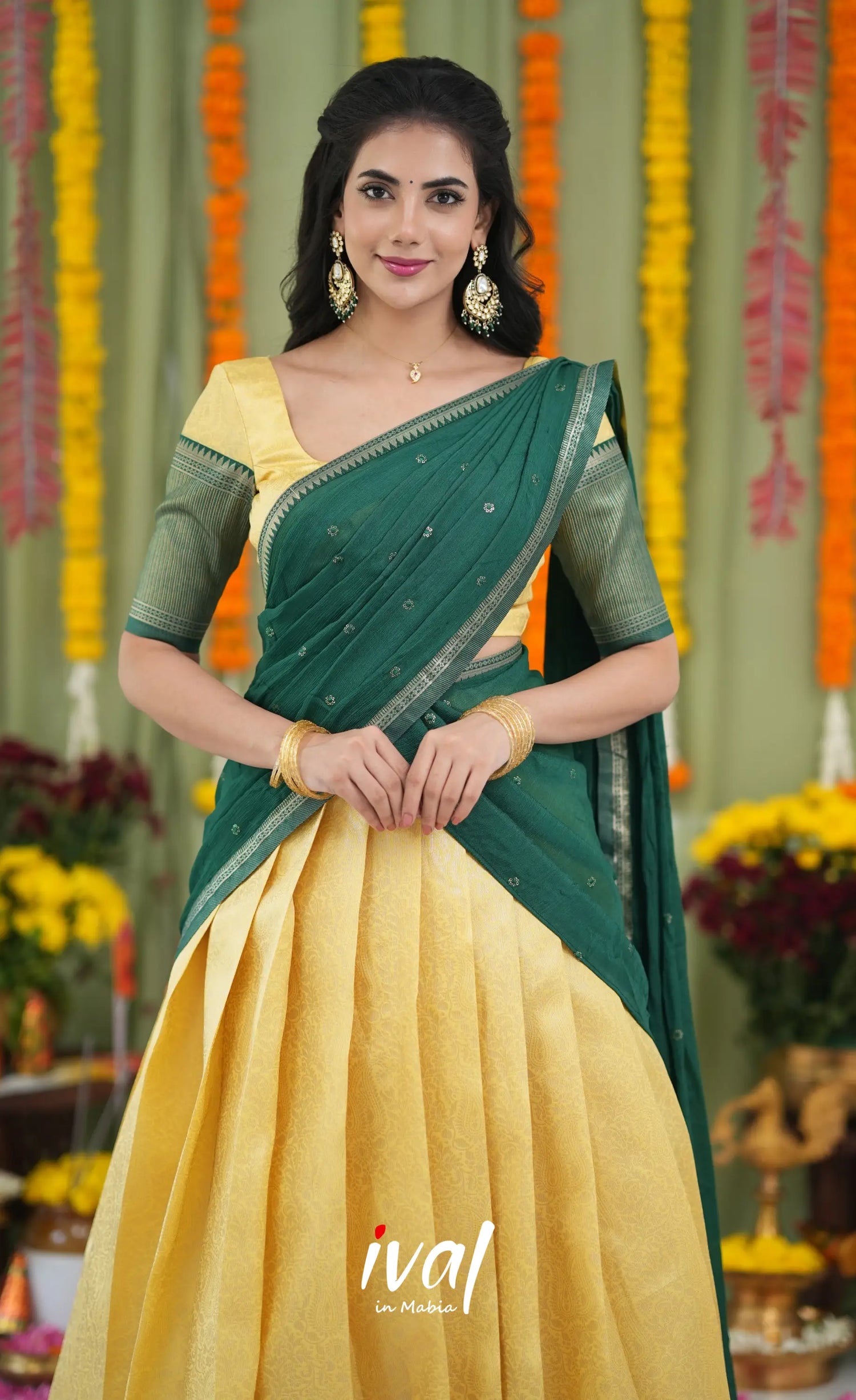 Padmakshi Blended Silk Halfsaree Yellow and Bottle Green Half Sarees
