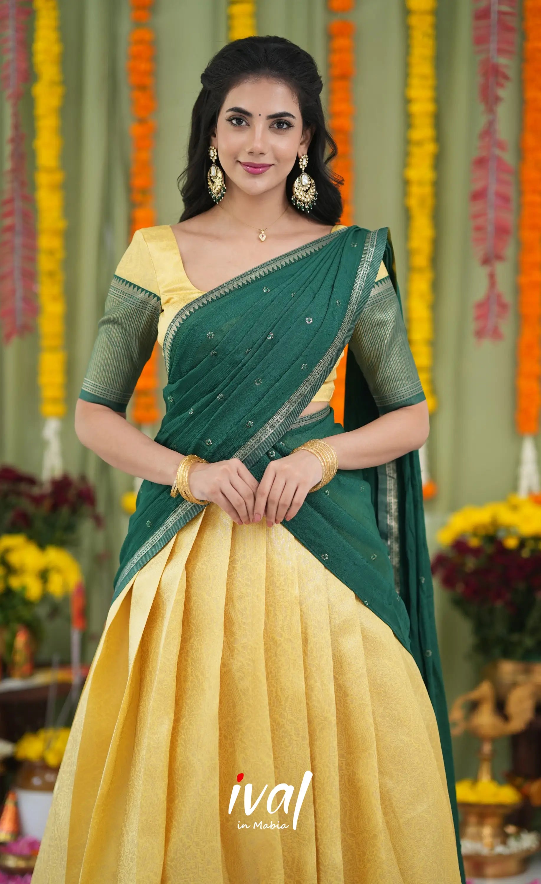 Padmakshi Blended Silk Halfsaree Yellow and Bottle Green Half Sarees