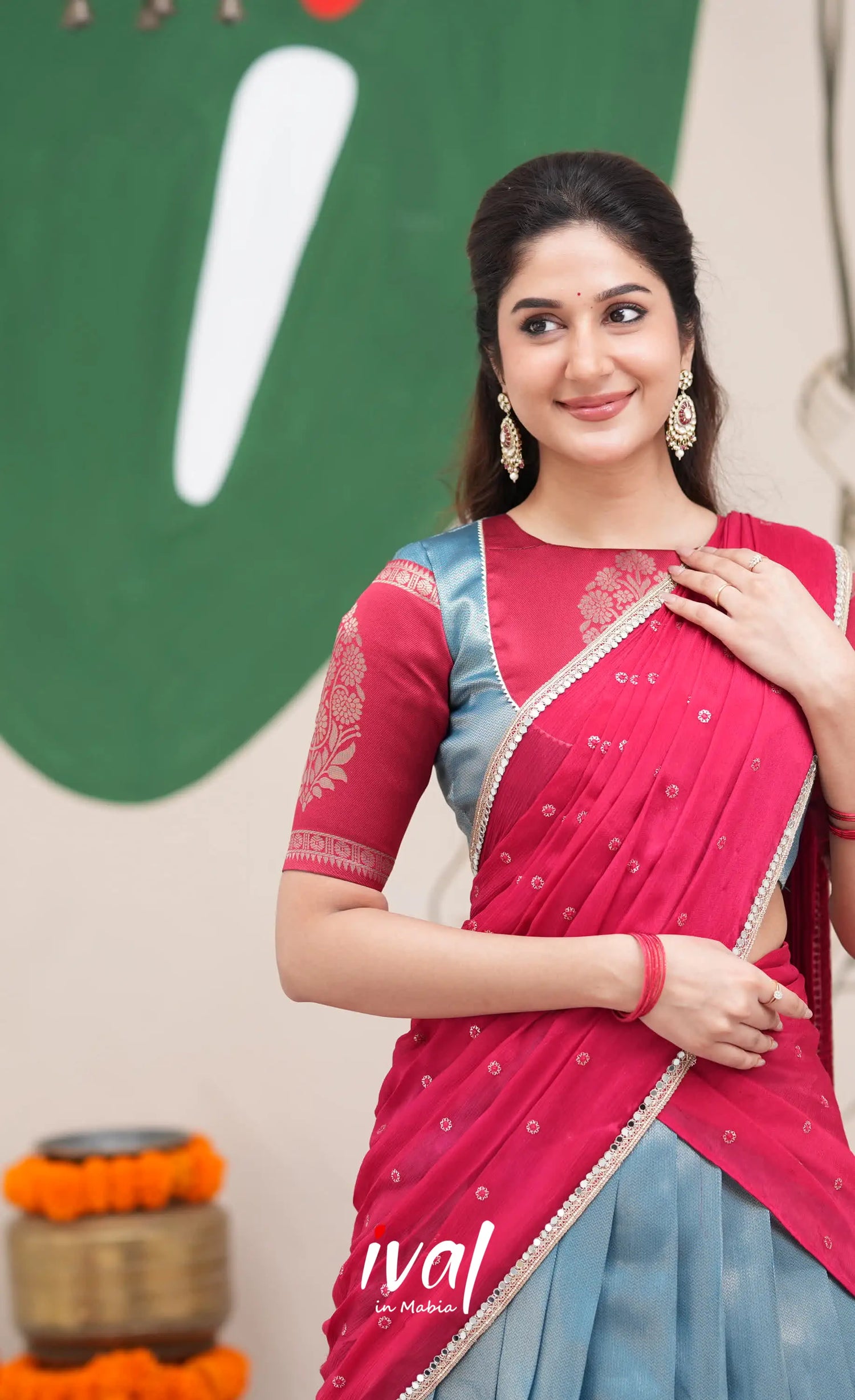 Padmakshi Blue and Red Blended Silk Halfsaree Half Sarees