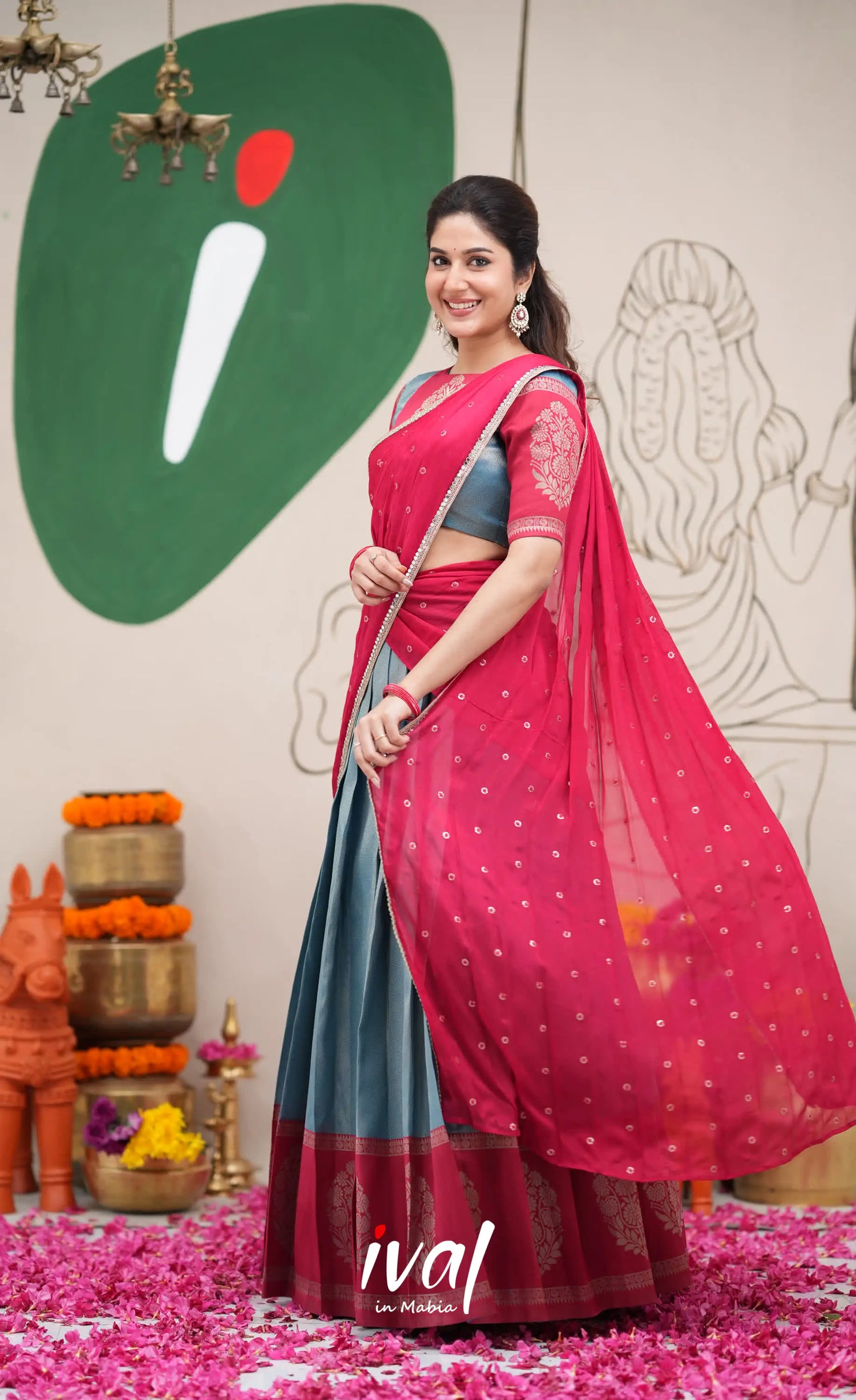 Padmakshi Blue and Red Blended Silk Halfsaree Half Sarees