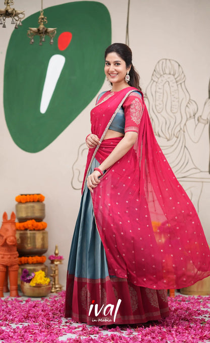 Padmakshi Blue and Red Blended Silk Halfsaree Half Sarees