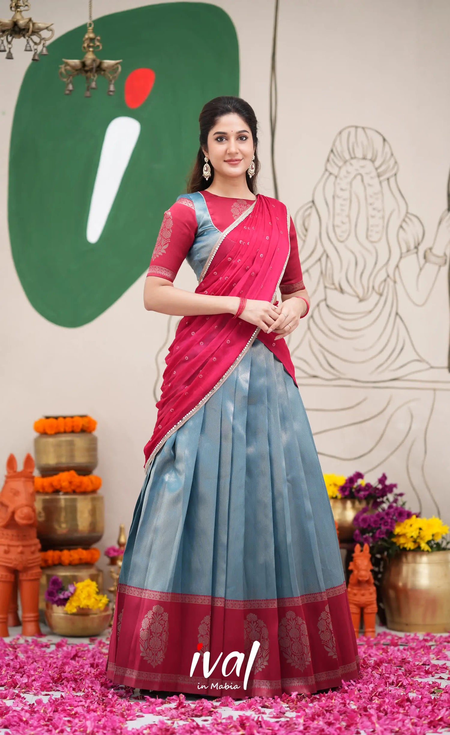 Padmakshi Blue and Red Blended Silk Halfsaree Half Sarees