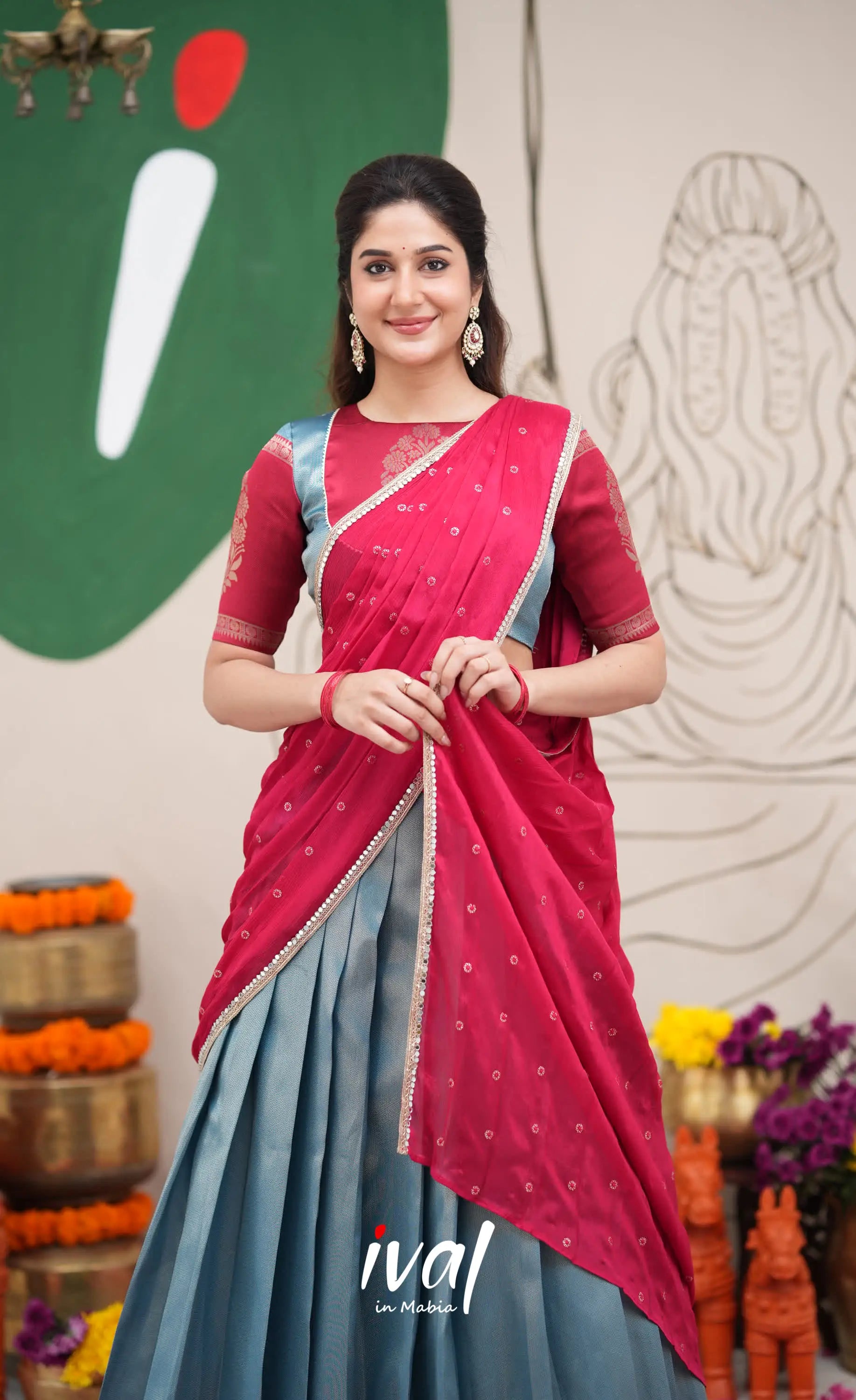 Padmakshi Blue and Red Blended Silk Halfsaree Half Sarees