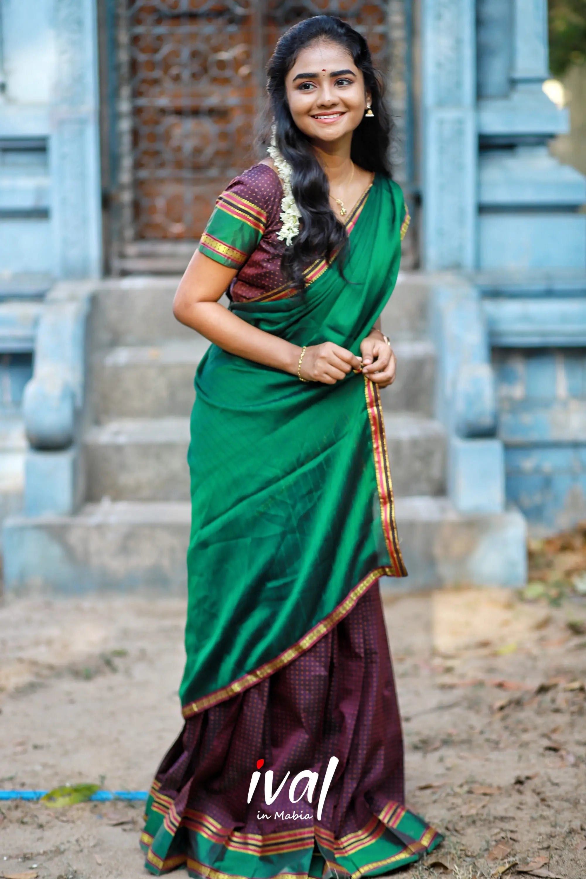 Padmakshi - Bottle Green And Brownsemi Silk Halfsaree Half Sarees