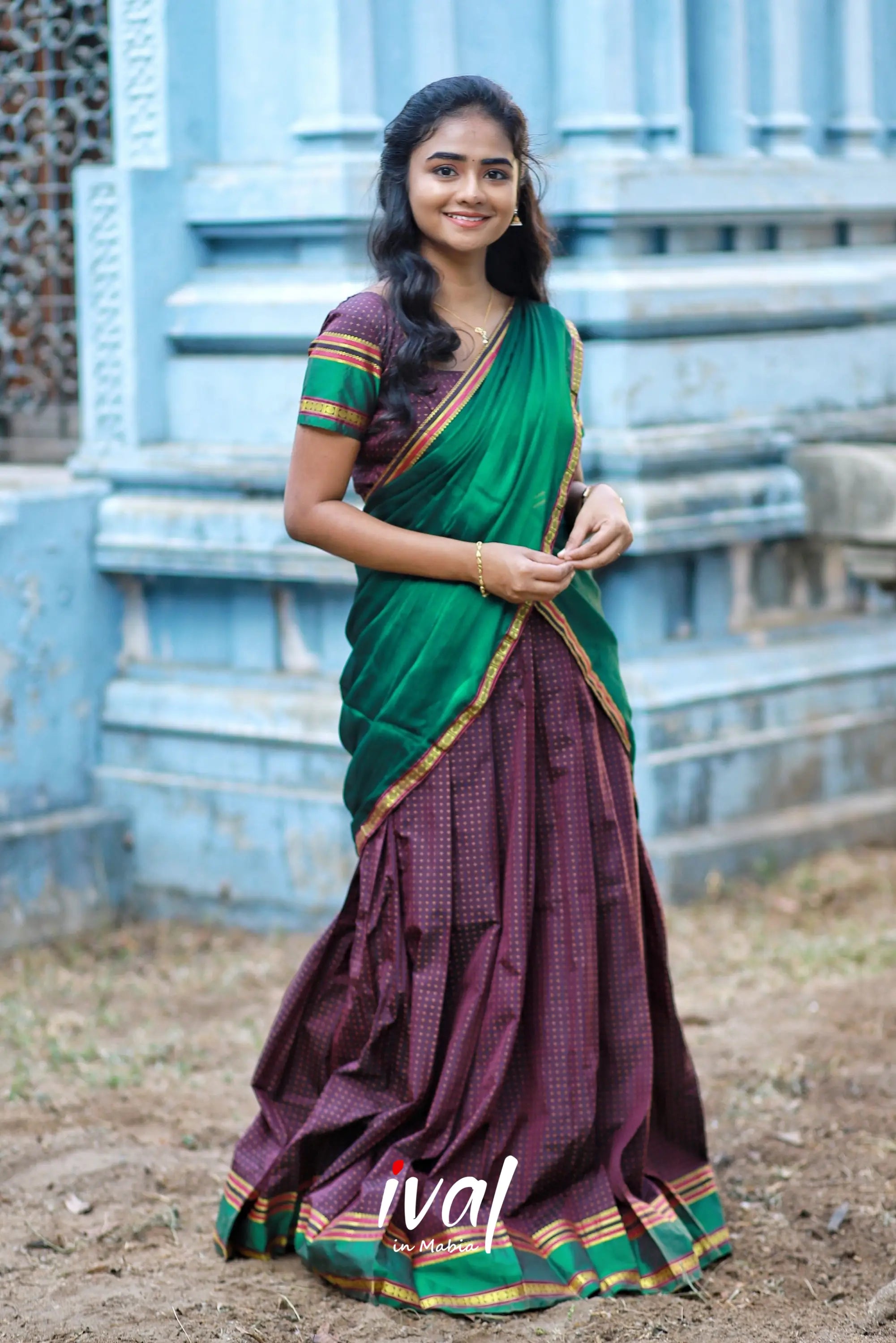 Padmakshi - Bottle Green And Brownsemi Silk Halfsaree Half Sarees