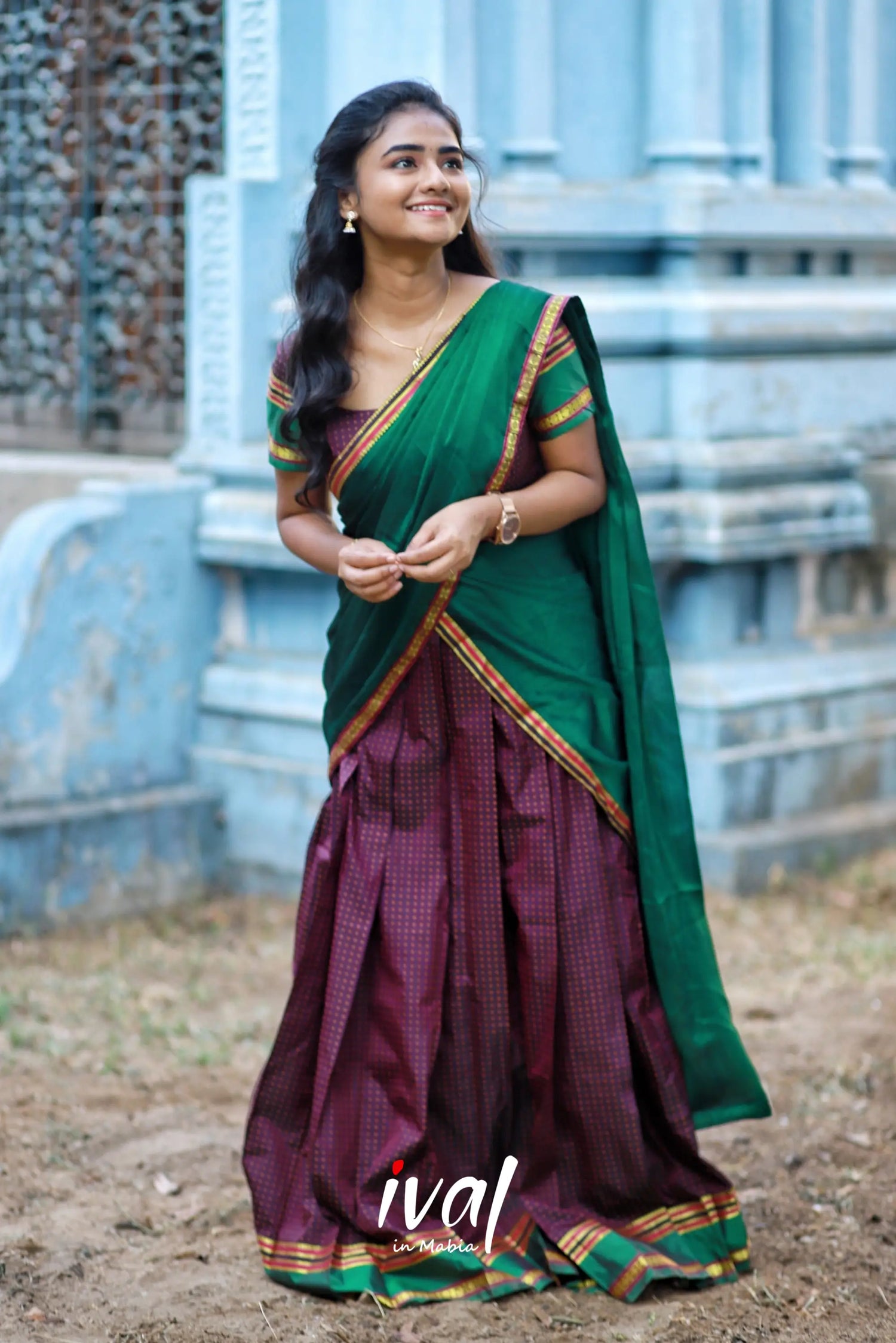 Padmakshi - Bottle Green And Brownsemi Silk Halfsaree Half Sarees