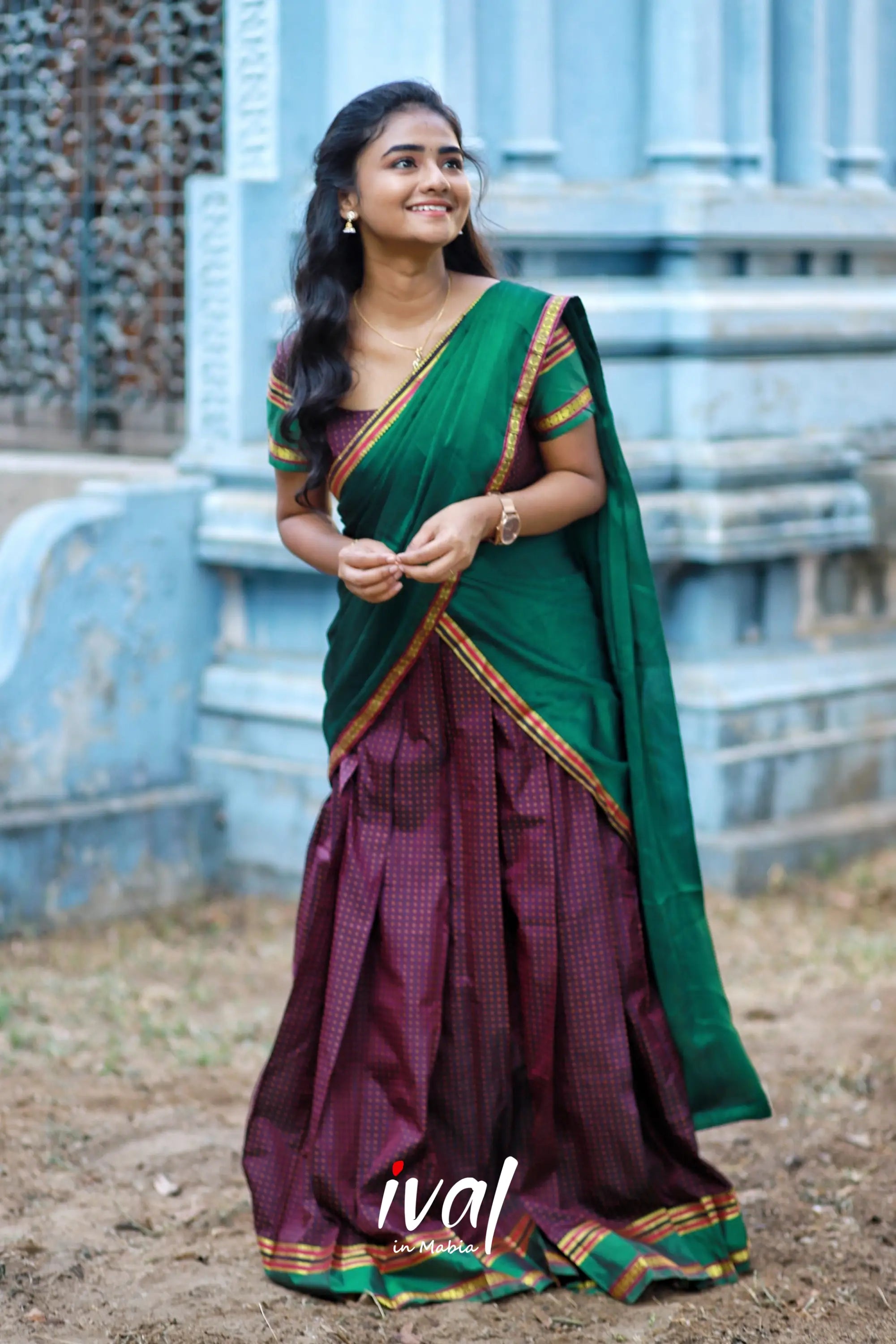 Padmakshi - Bottle Green And Brownsemi Silk Halfsaree Half Sarees