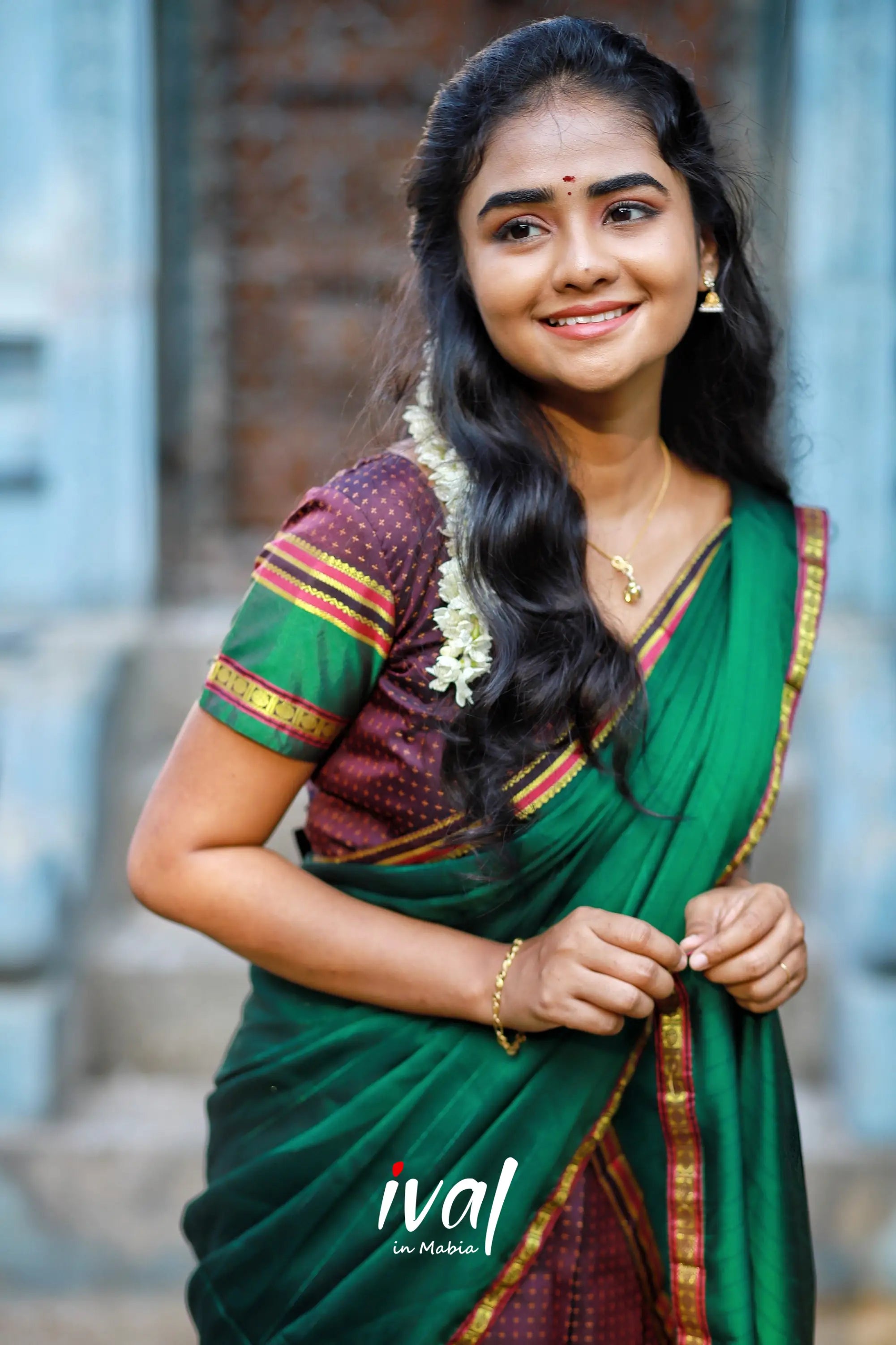 Padmakshi - Bottle Green And Brownsemi Silk Halfsaree Half Sarees