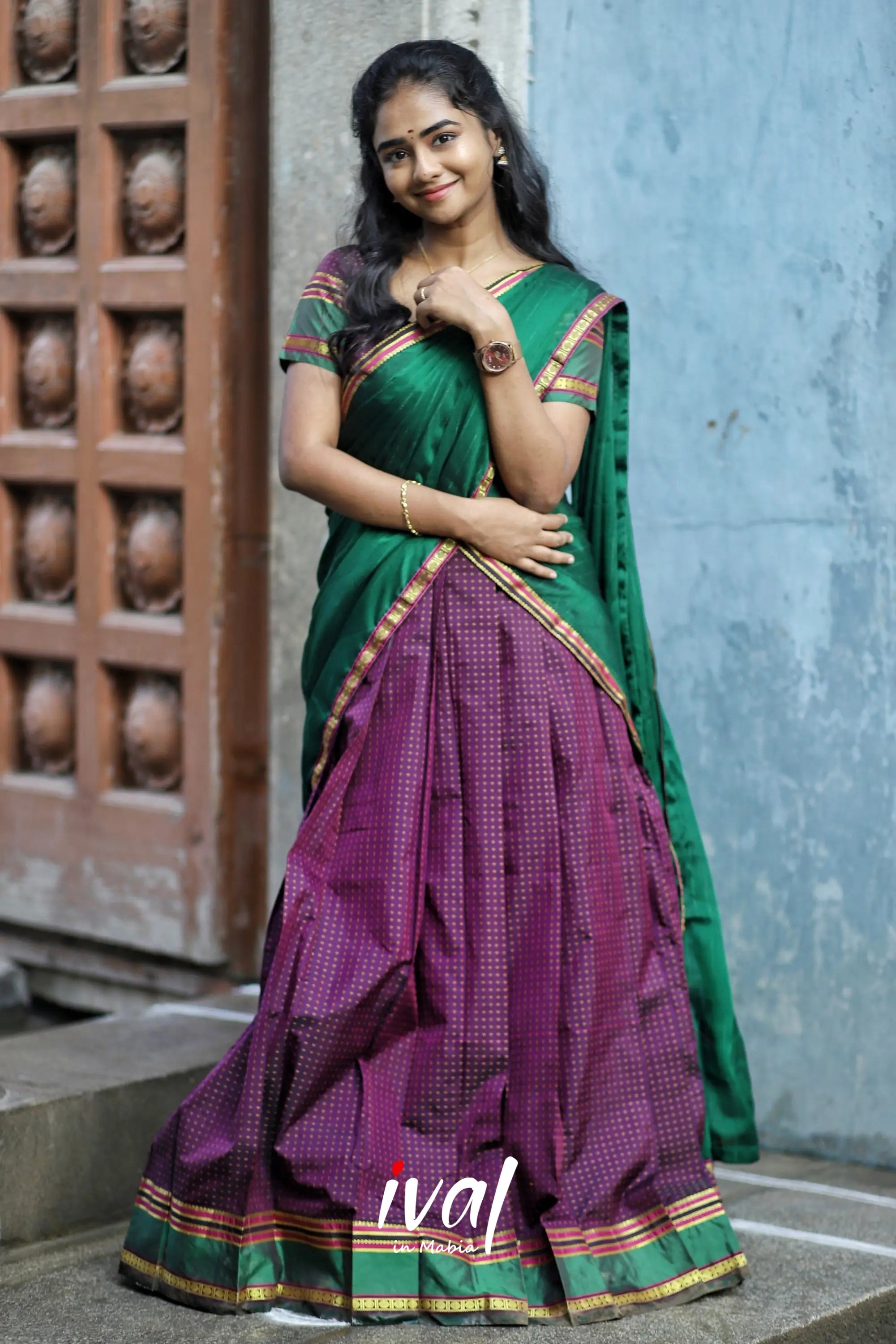 Padmakshi - Bottle Green And Brownsemi Silk Halfsaree Half Sarees