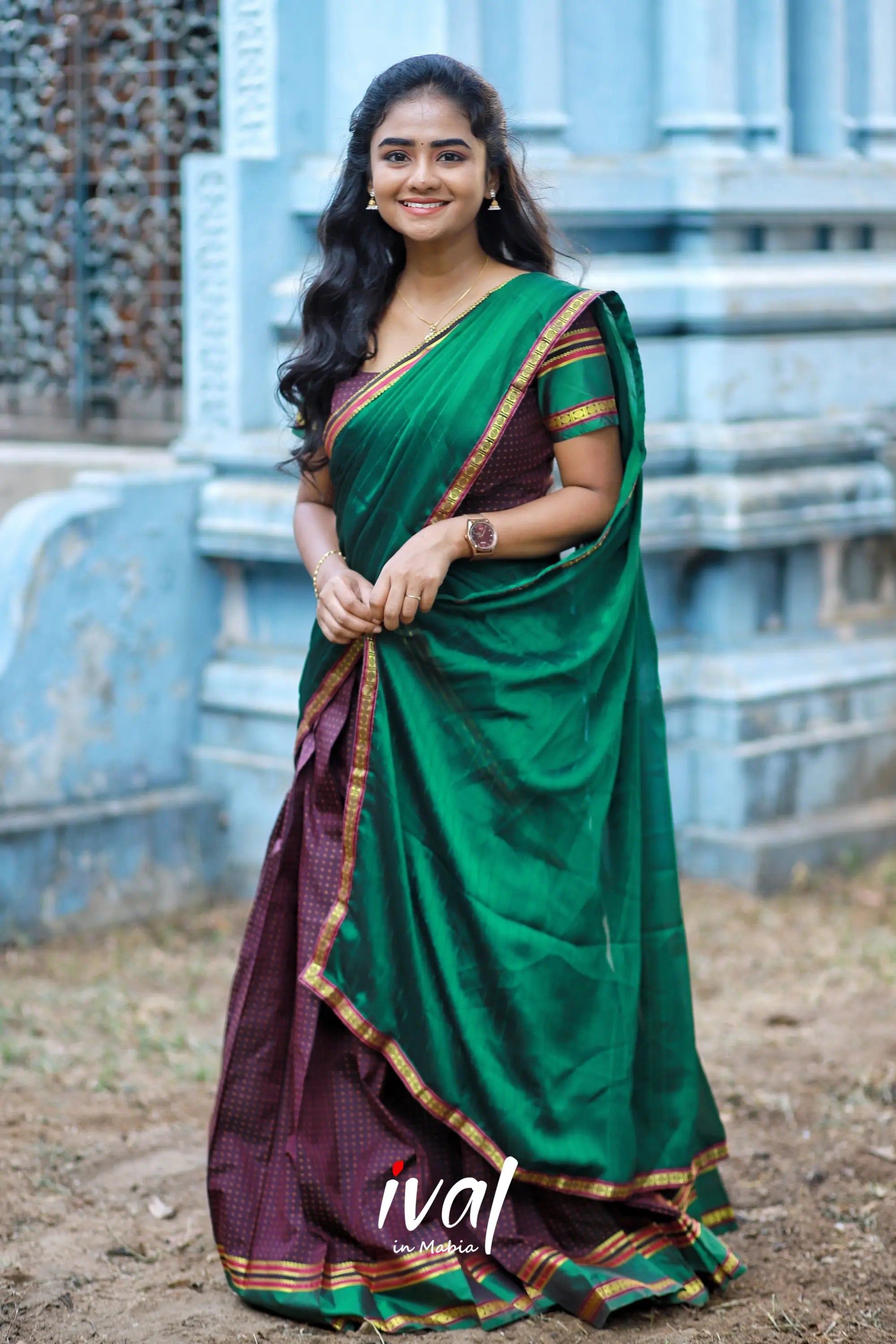 Padmakshi - Bottle Green And Brownsemi Silk Halfsaree Half Sarees