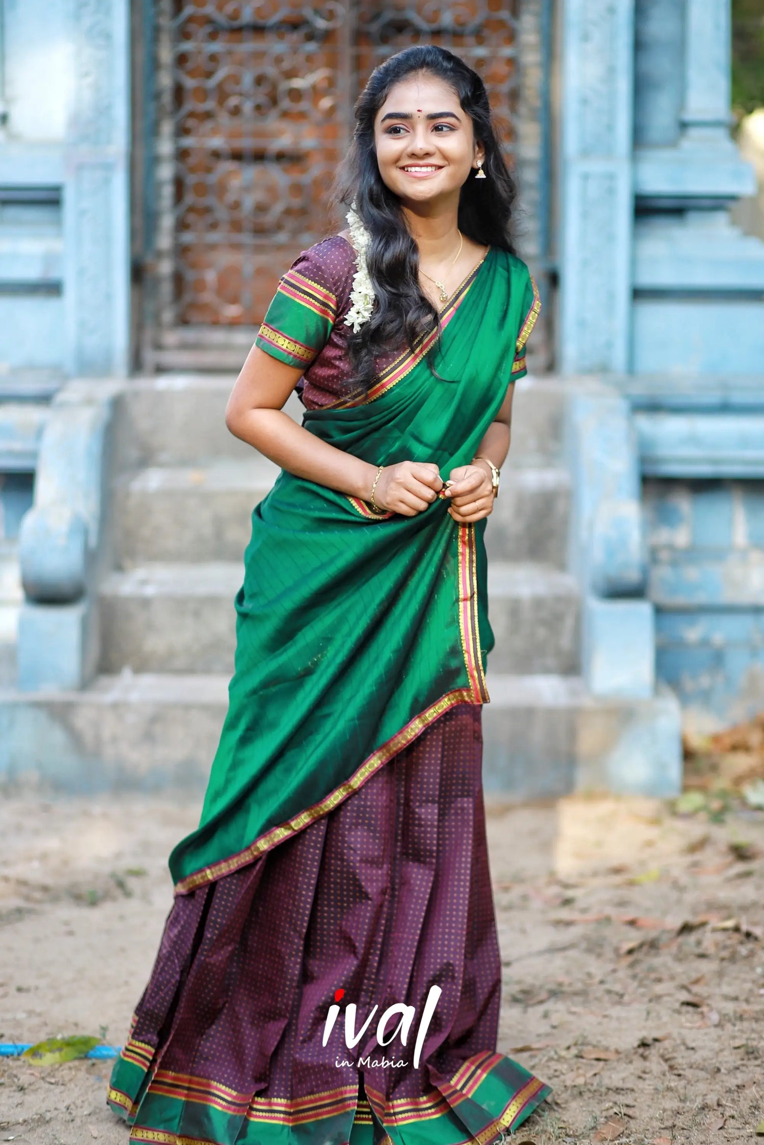 Padmakshi - Bottle Green And Brownsemi Silk Halfsaree Half Sarees