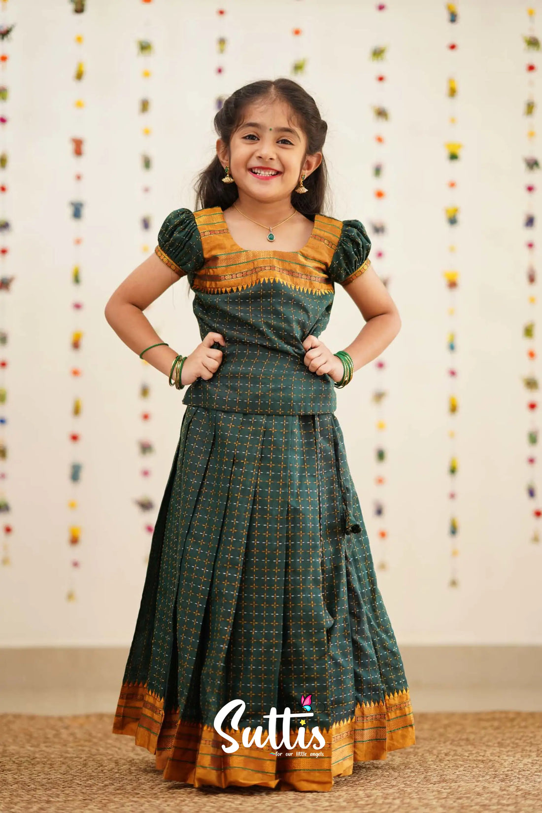 Padmakshi - Bottle Green Silk Pavadai Sattai Kids-Suttis