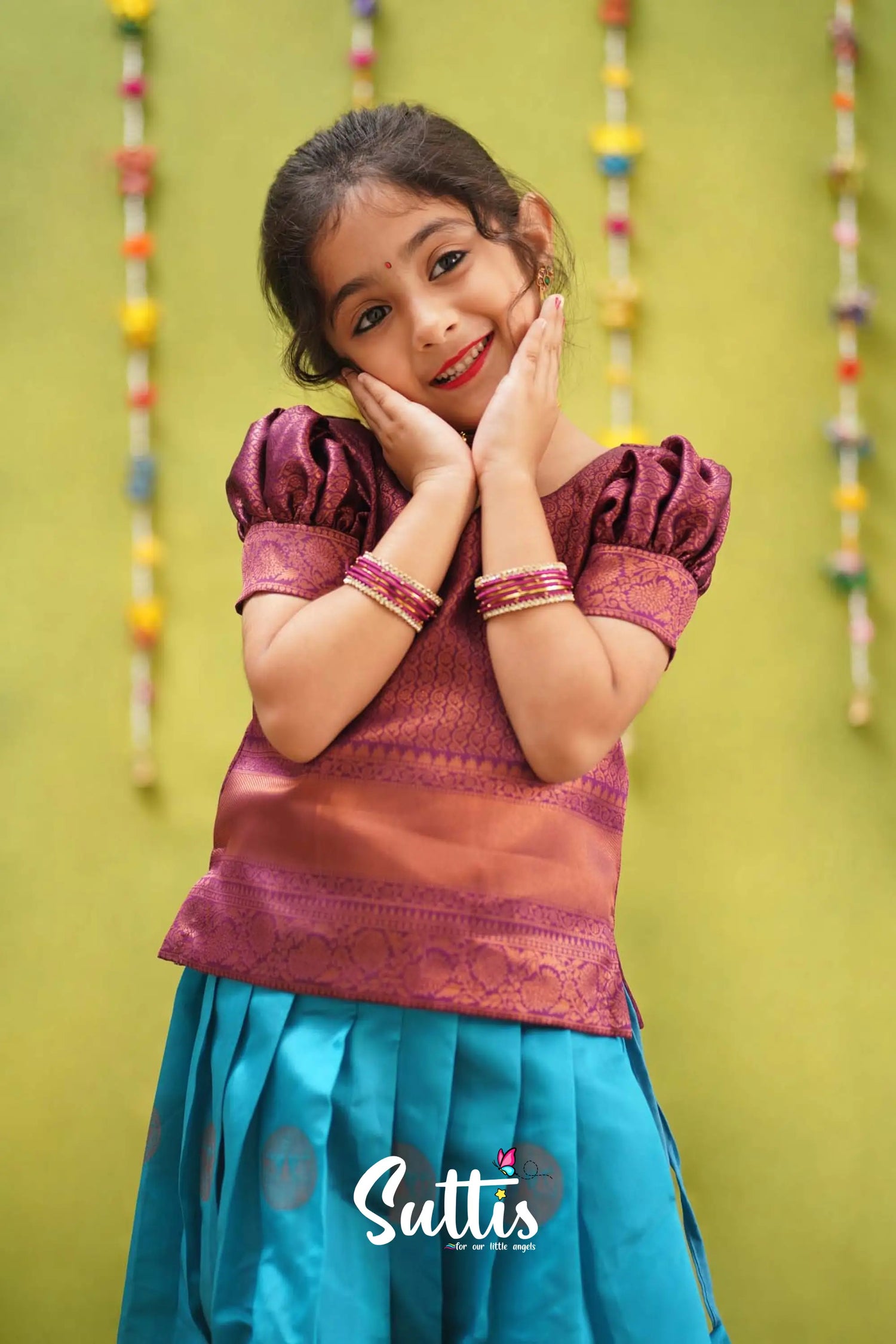 Padmakshi - Bright Blue And Purple Semi Silk Pavadai Sattai Kids-Suttis