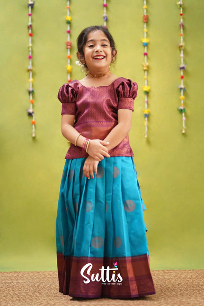 Padmakshi - Bright Blue And Purple Semi Silk Pavadai Sattai Kids-Suttis