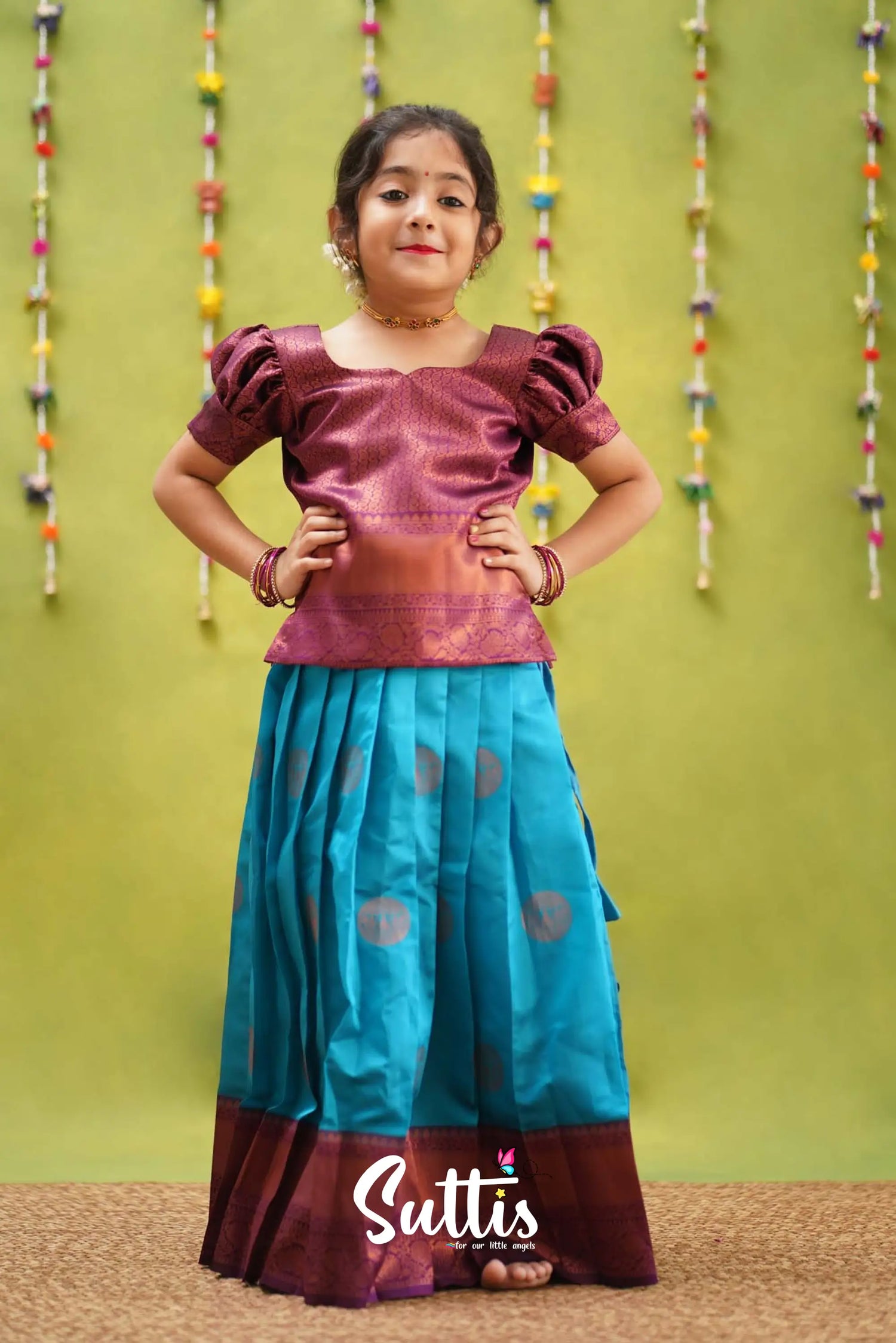 Padmakshi - Bright Blue And Purple Semi Silk Pavadai Sattai Kids-Suttis