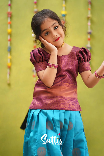 Padmakshi - Bright Blue And Purple Semi Silk Pavadai Sattai Kids-Suttis