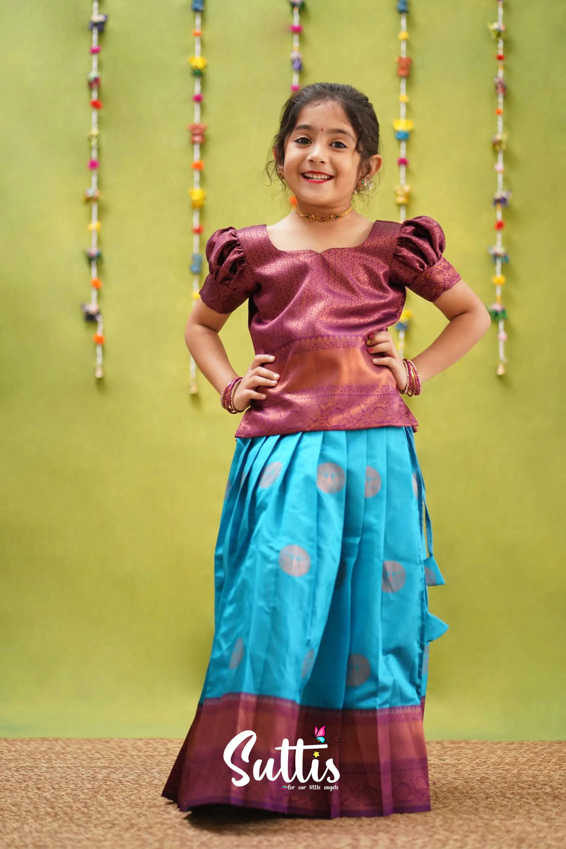 Padmakshi - Bright Blue And Purple Semi Silk Pavadai Sattai Kids-Suttis