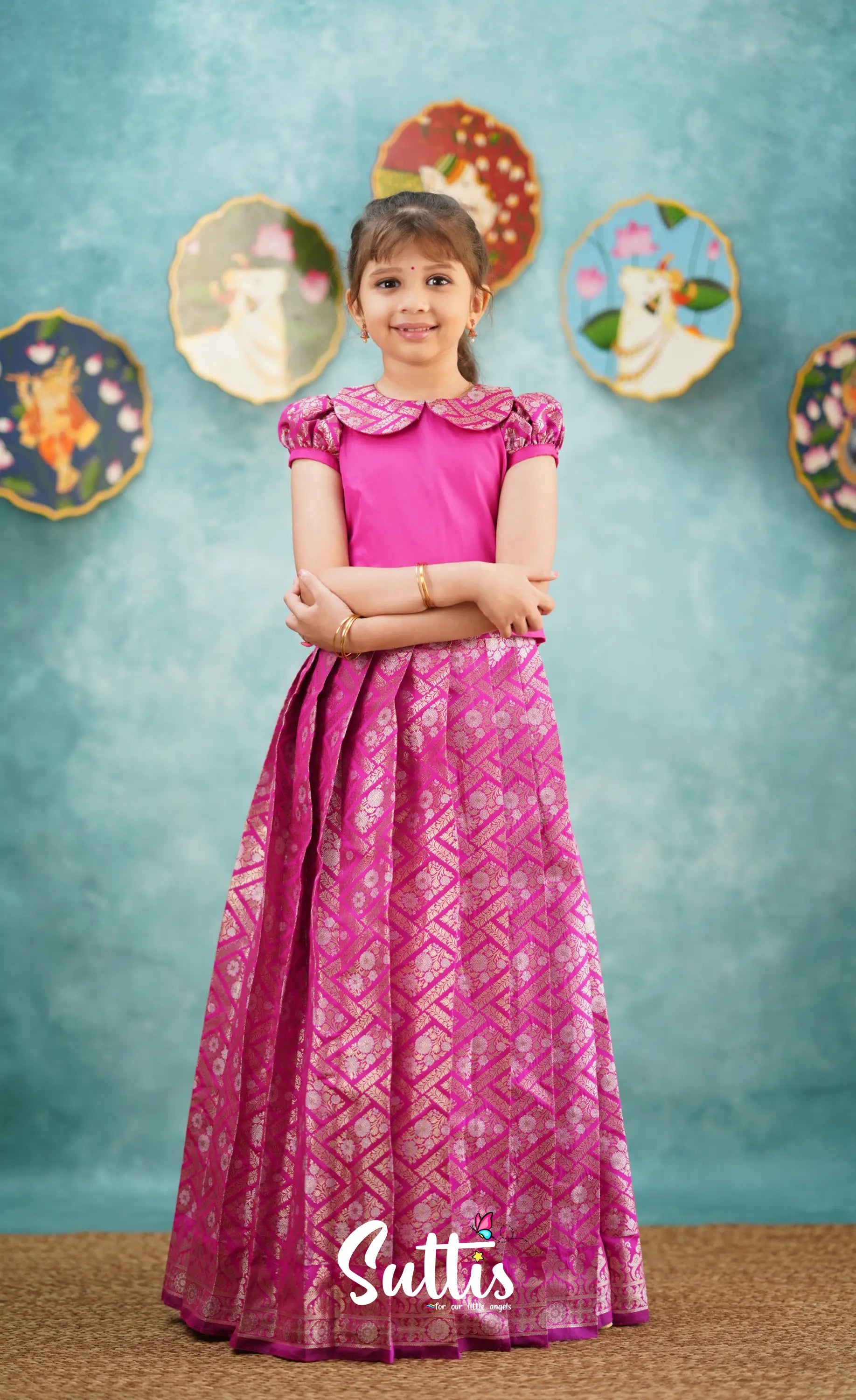 Padmakshi - Bright Pink Blended Silk Top And Skirt Kids-Suttis