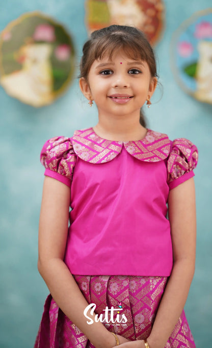 Padmakshi - Bright Pink Blended Silk Top And Skirt Kids-Suttis