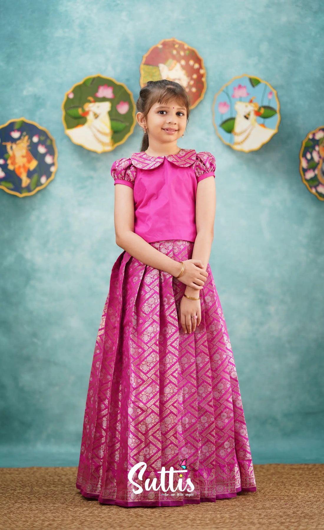 Padmakshi - Bright Pink Blended Silk Top And Skirt Kids-Suttis