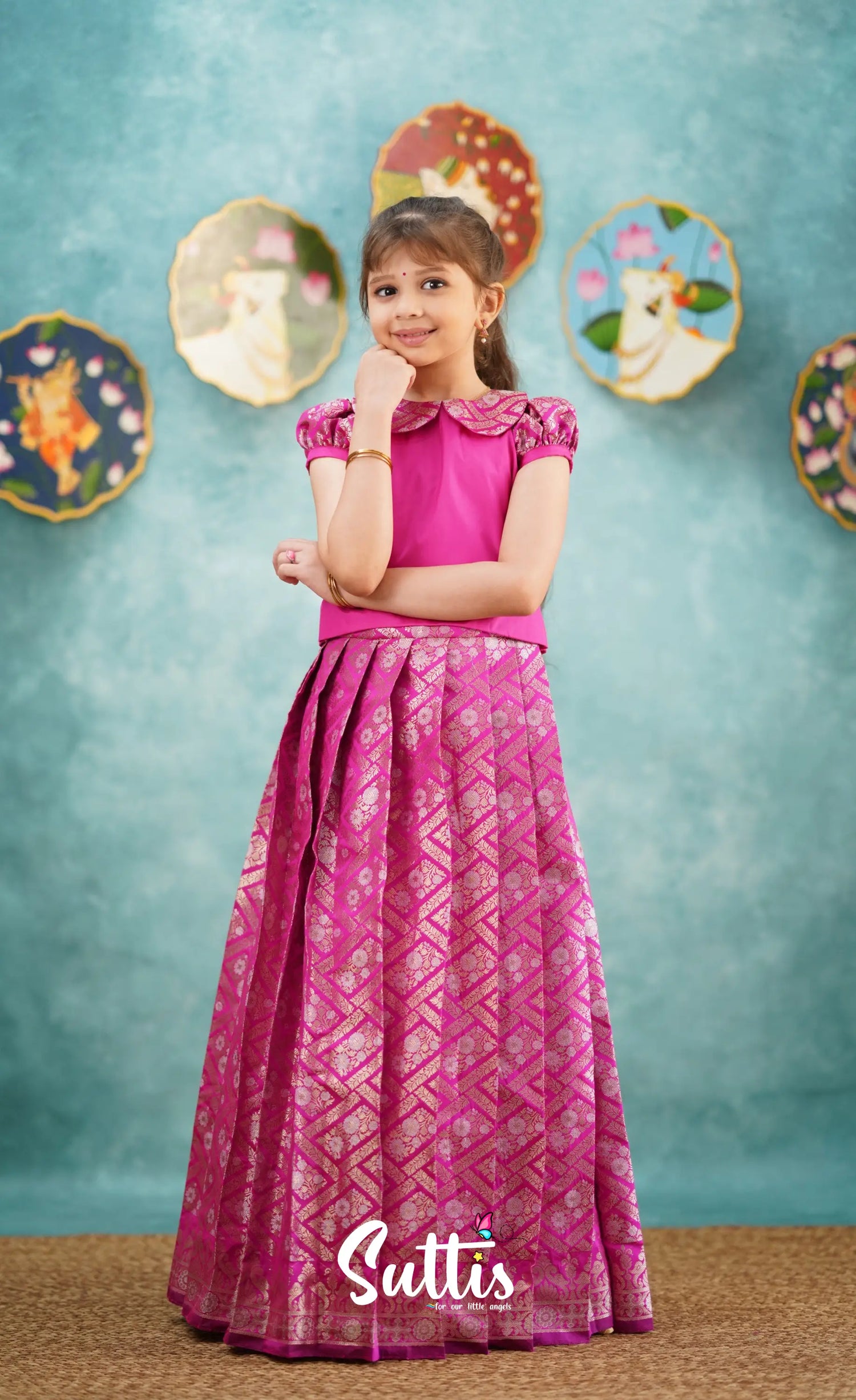 Padmakshi - Bright Pink Blended Silk Top And Skirt Kids-Suttis