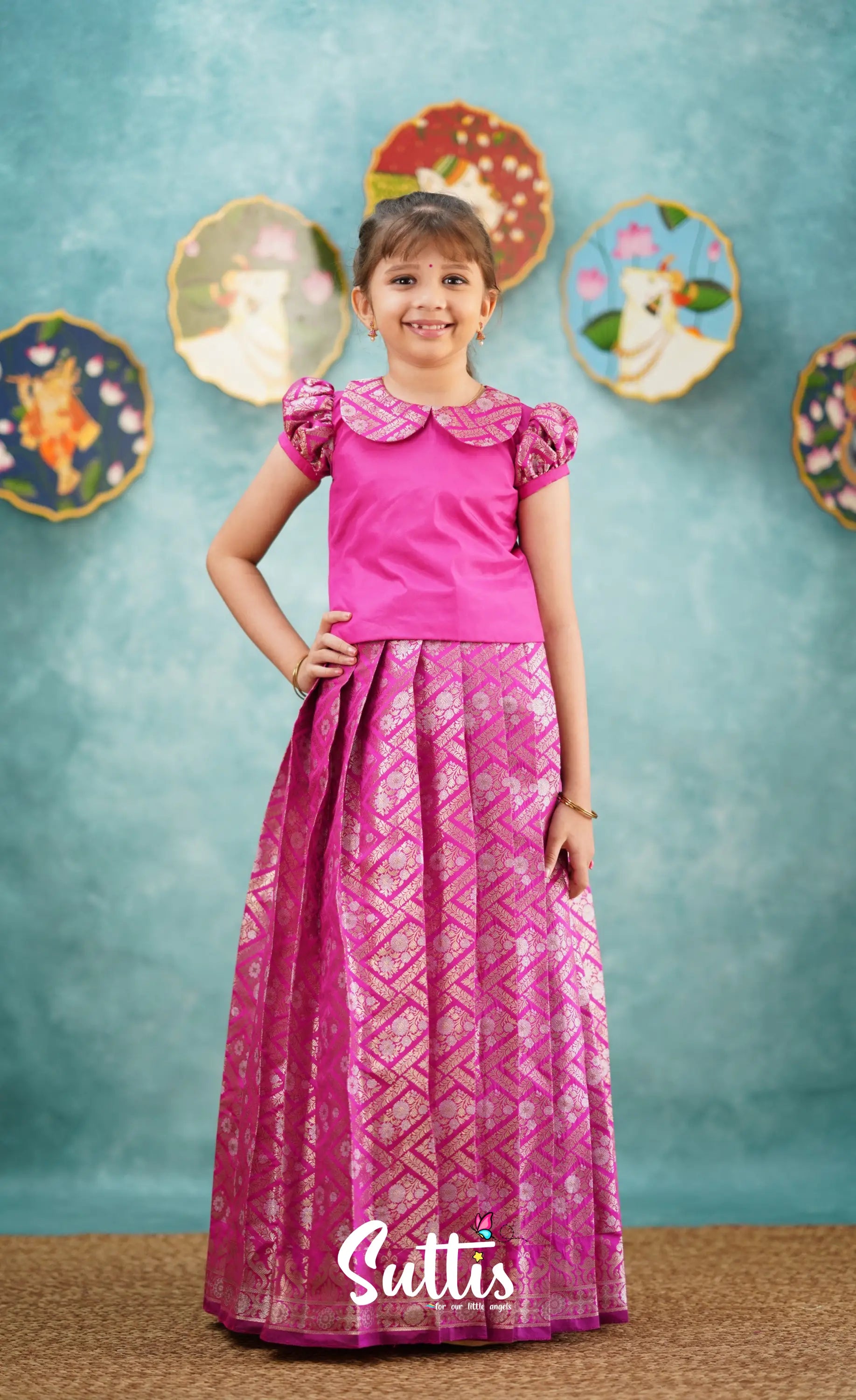 Padmakshi - Bright Pink Blended Silk Top And Skirt Kids-Suttis