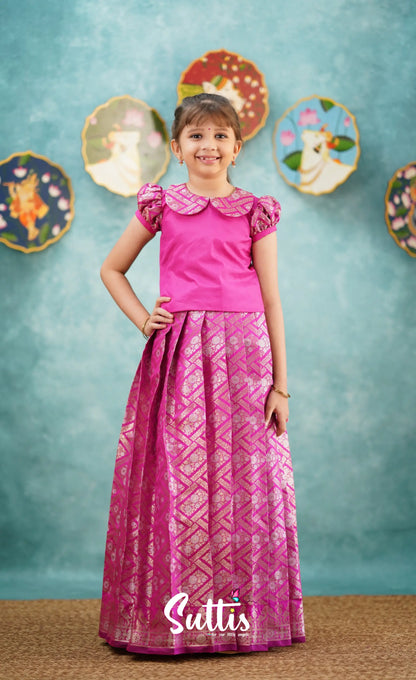 Padmakshi - Bright Pink Blended Silk Top And Skirt Kids-Suttis