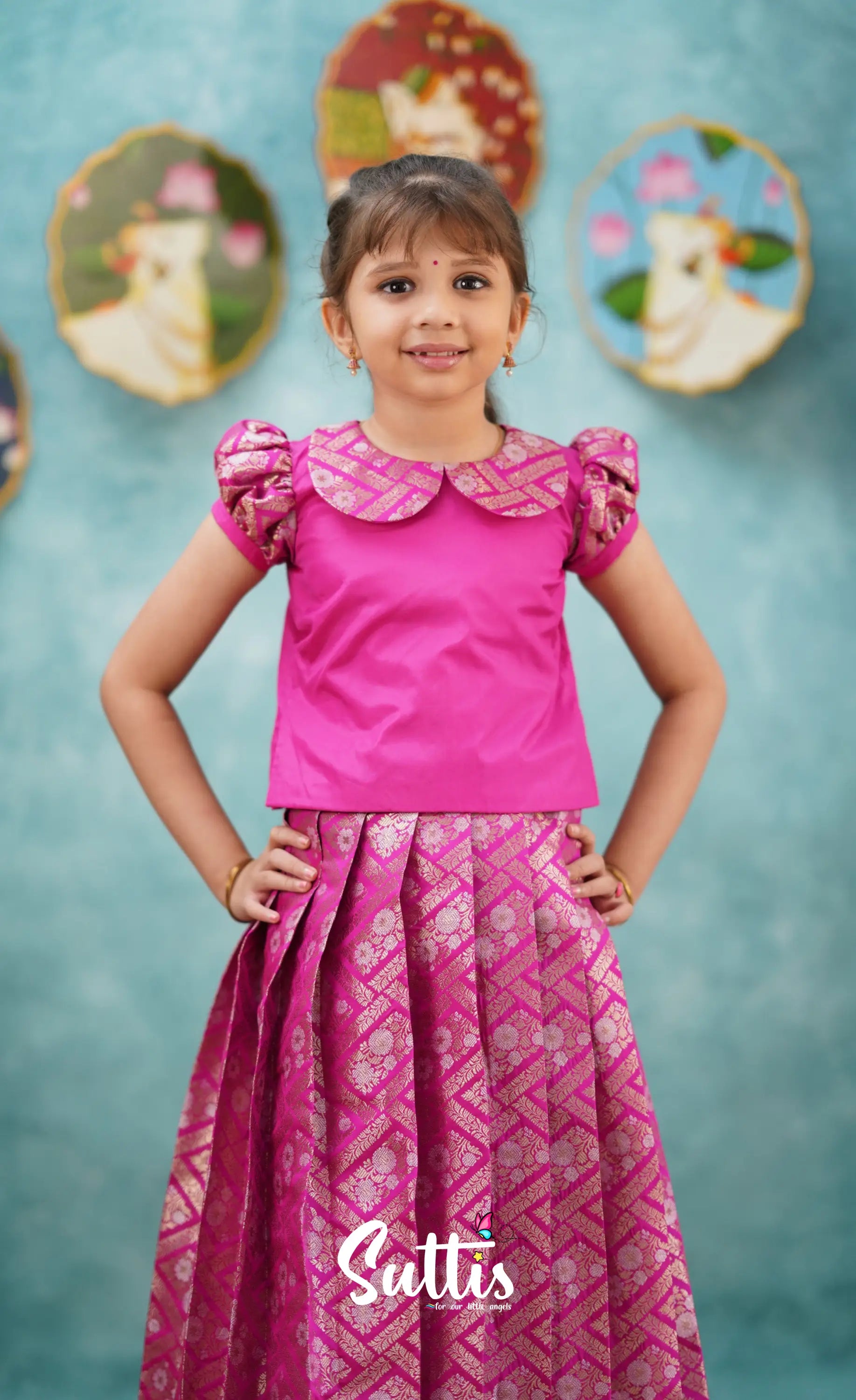 Padmakshi - Bright Pink Blended Silk Top And Skirt Kids-Suttis