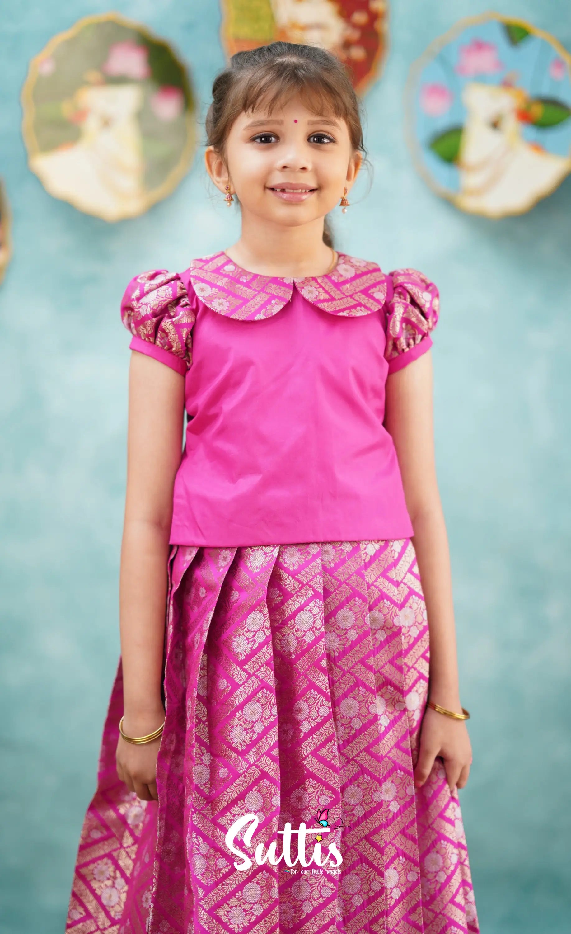 Padmakshi - Bright Pink Blended Silk Top And Skirt Kids-Suttis