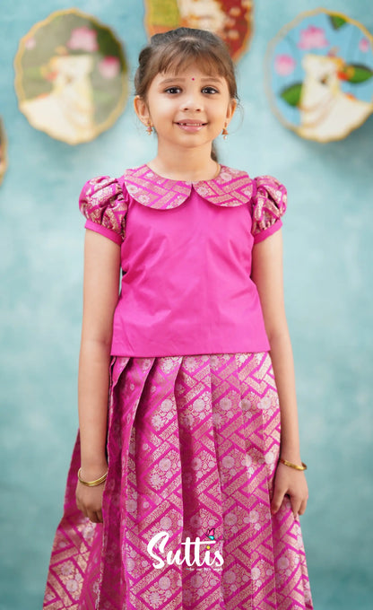 Padmakshi - Bright Pink Blended Silk Top And Skirt Kids-Suttis