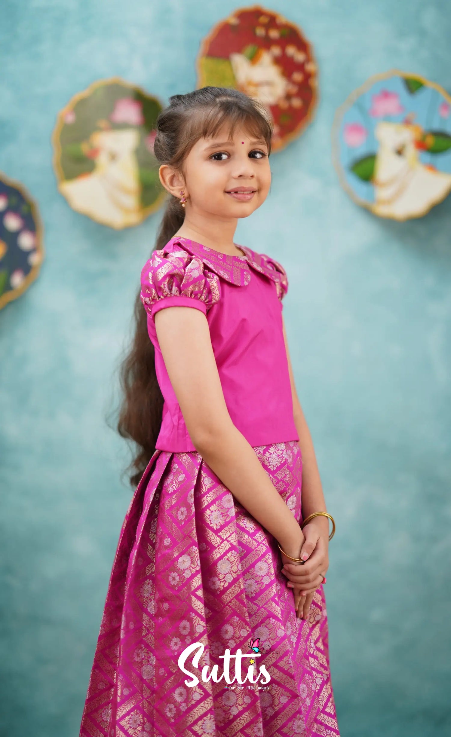 Padmakshi - Bright Pink Blended Silk Top And Skirt Kids-Suttis