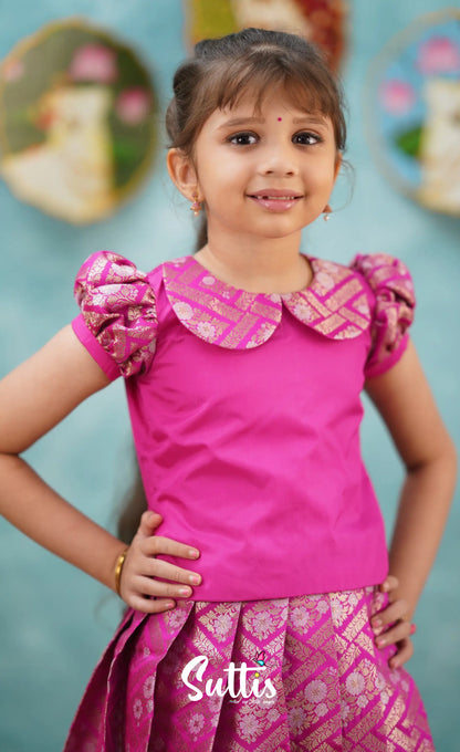 Padmakshi - Bright Pink Blended Silk Top And Skirt Kids-Suttis