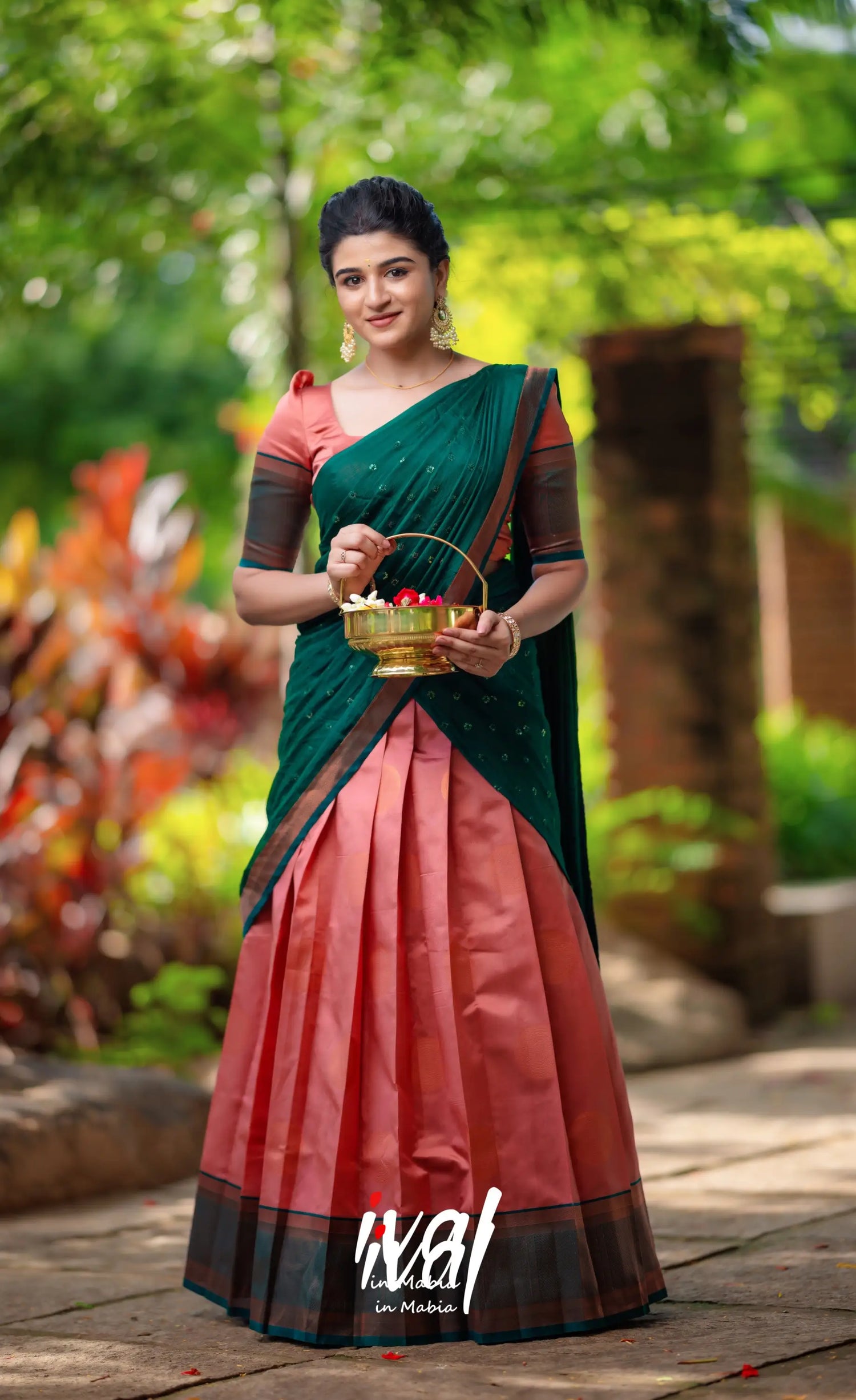 Padmakshi - Copper Shade And Bottle Green Blended Silk Halfsaree Half Sarees