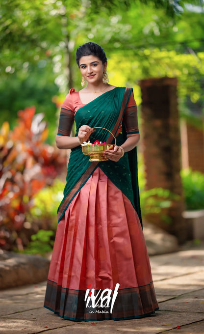 Padmakshi - Copper Shade And Bottle Green Blended Silk Halfsaree Half Sarees