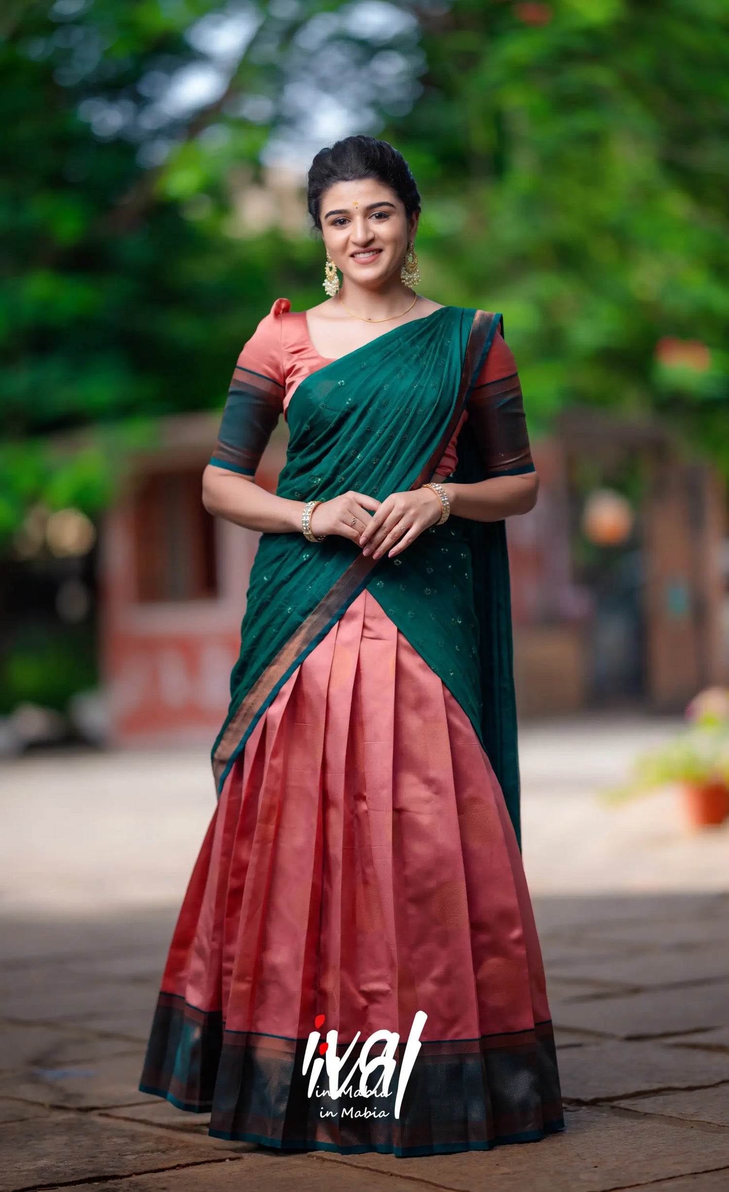 Padmakshi - Copper Shade And Bottle Green Blended Silk Halfsaree Half Sarees