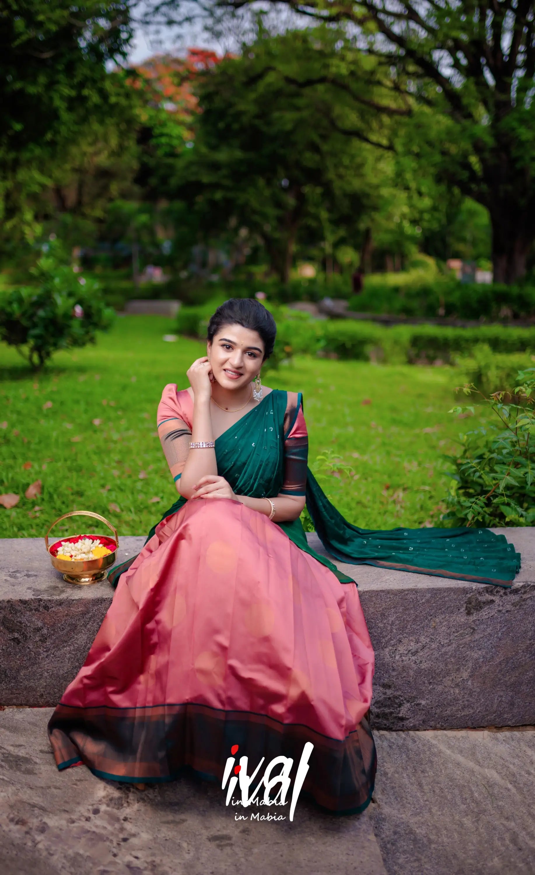 Padmakshi - Copper Shade And Bottle Green Blended Silk Halfsaree Half Sarees