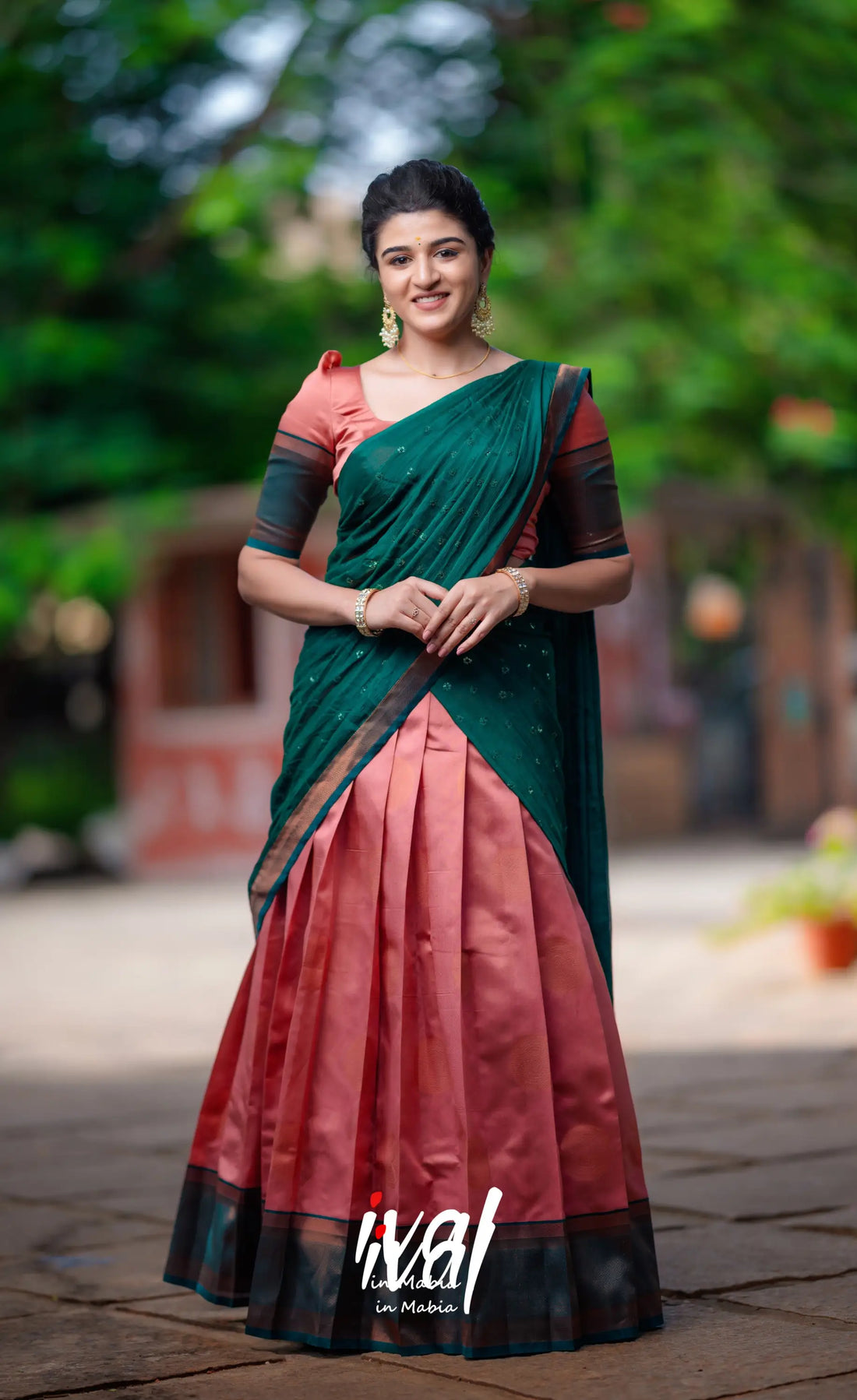 Padmakshi - Copper Shade And Bottle Green Blended Silk Halfsaree Half Sarees