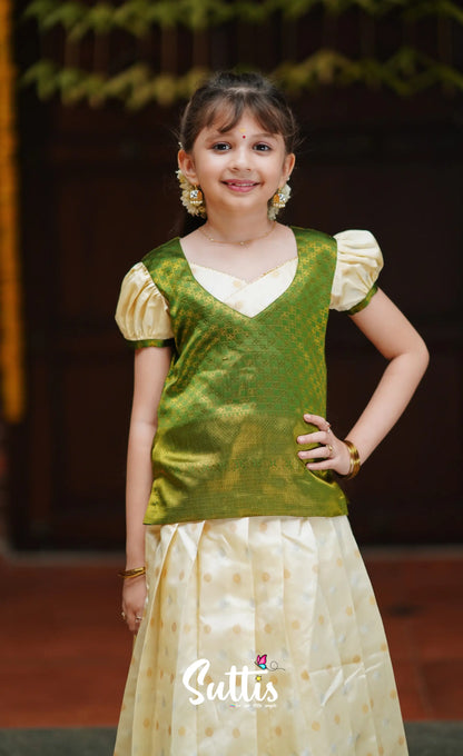 Padmakshi - Cream And Green Blended Silk Pavadai Top Kids-Suttis