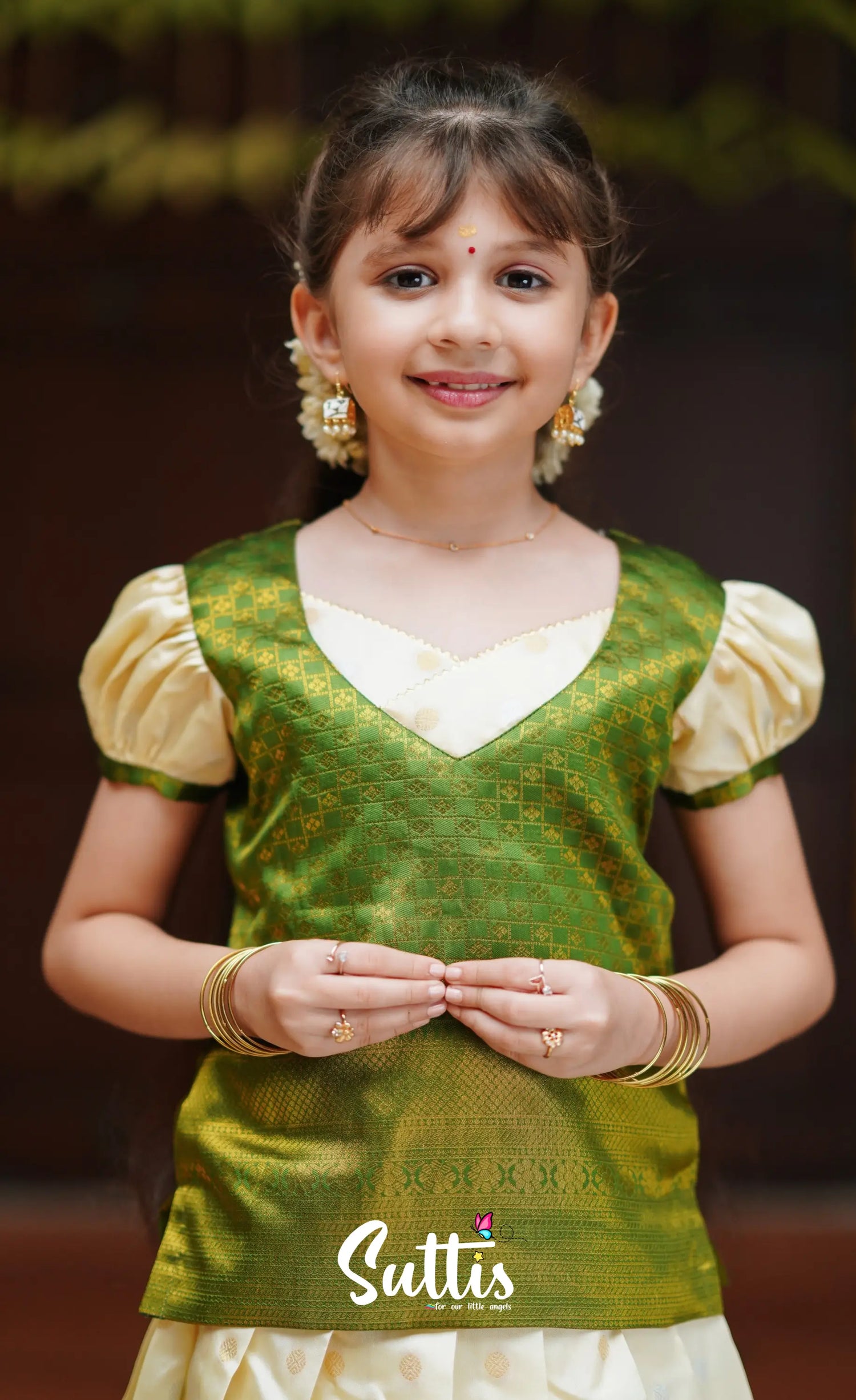 Padmakshi - Cream And Green Blended Silk Pavadai Top Kids-Suttis