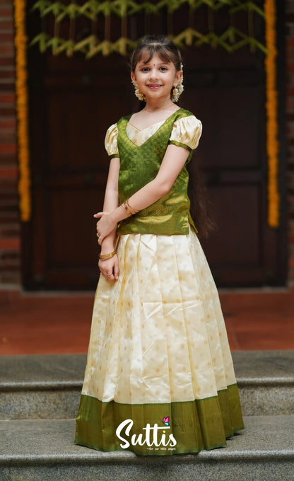 Padmakshi - Cream And Green Blended Silk Pavadai Top Kids-Suttis